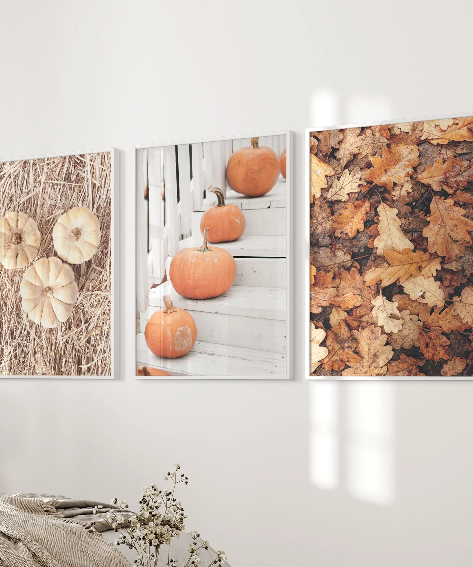 Cozy Fall Wall Art Set of 3. Pumpkins and Autumn Leaves
