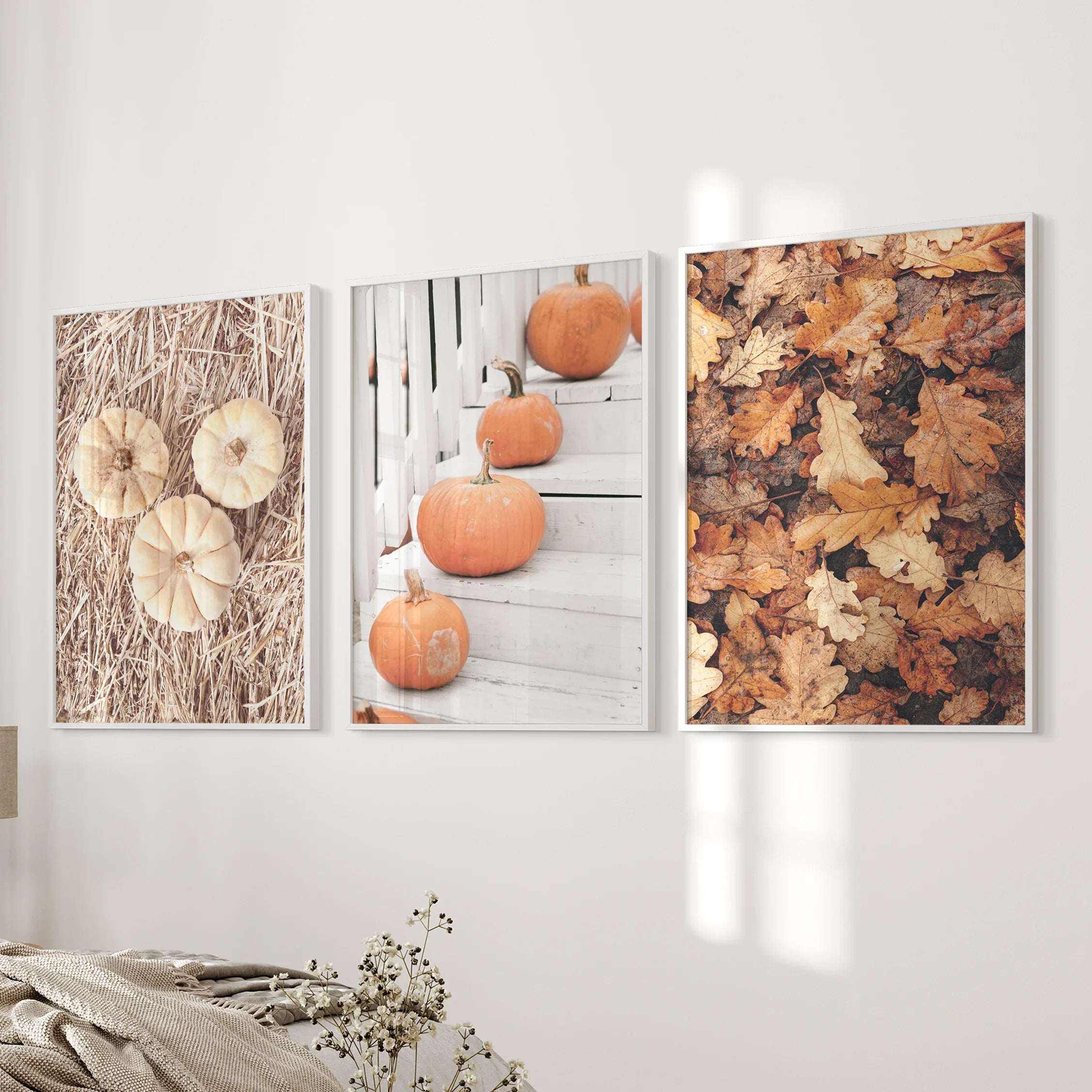 Cozy Fall Wall Art Set of 3. Pumpkins and Autumn Leaves