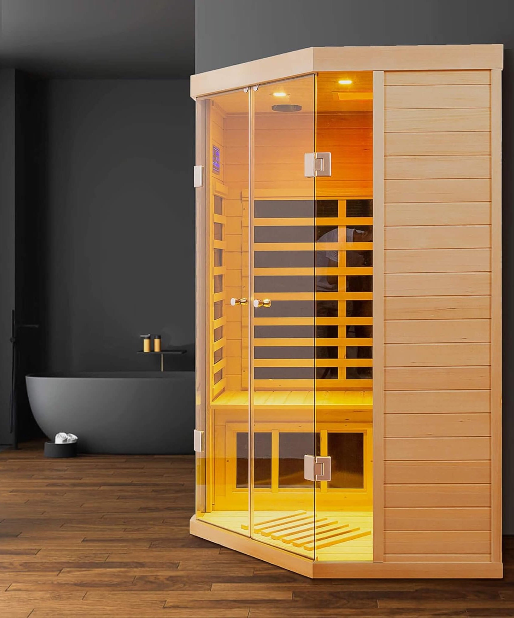Thermora Laurent Premium 2-Person 1600W Corner Space Infrared Wooden Sauna Room With Bluetooth Speakers (SAK81524)