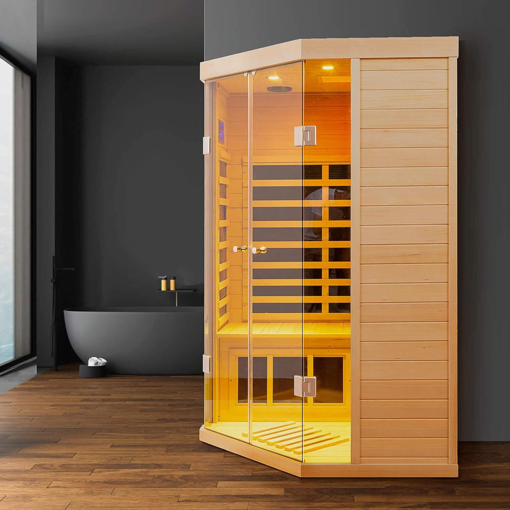 Thermora Laurent Premium 2-Person 1600W Corner Space Infrared Wooden Sauna Room With Bluetooth Speakers (SAK81524)