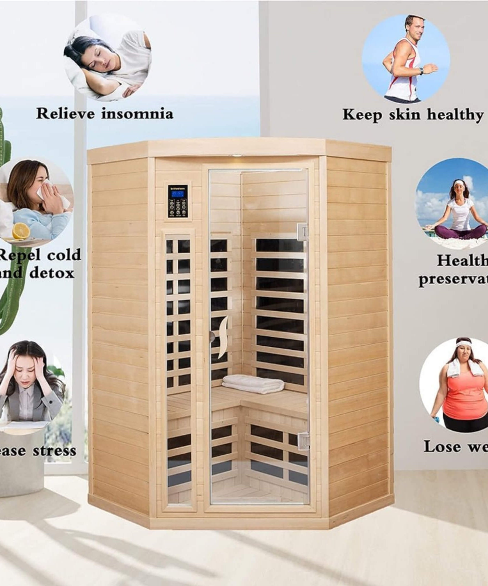 Thermora Laurent Premium 2-Person 1600W Corner Space Infrared Wooden Sauna Room With Bluetooth Speakers (SAK81524)