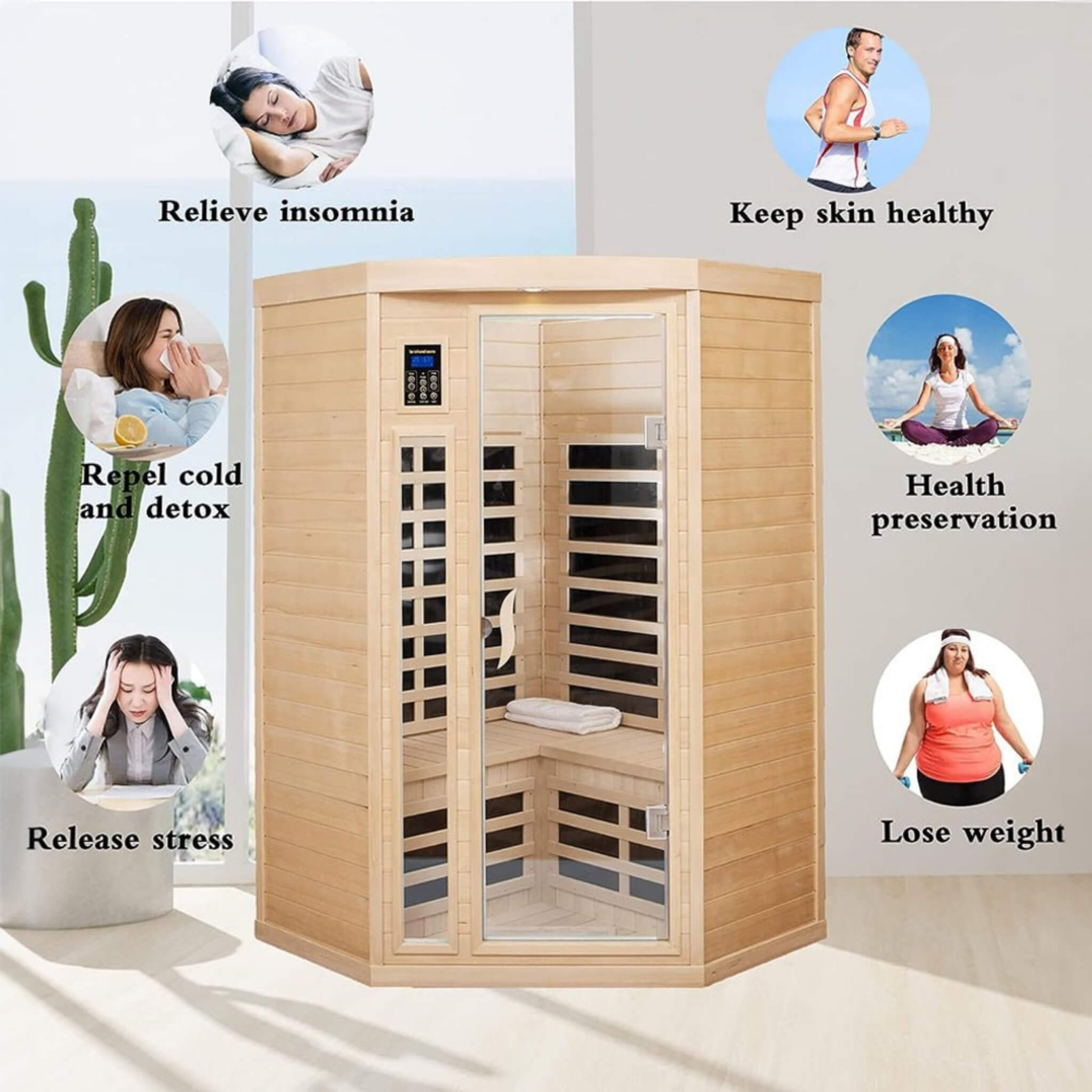 Thermora Laurent Premium 2-Person 1600W Corner Space Infrared Wooden Sauna Room With Bluetooth Speakers (SAK81524)