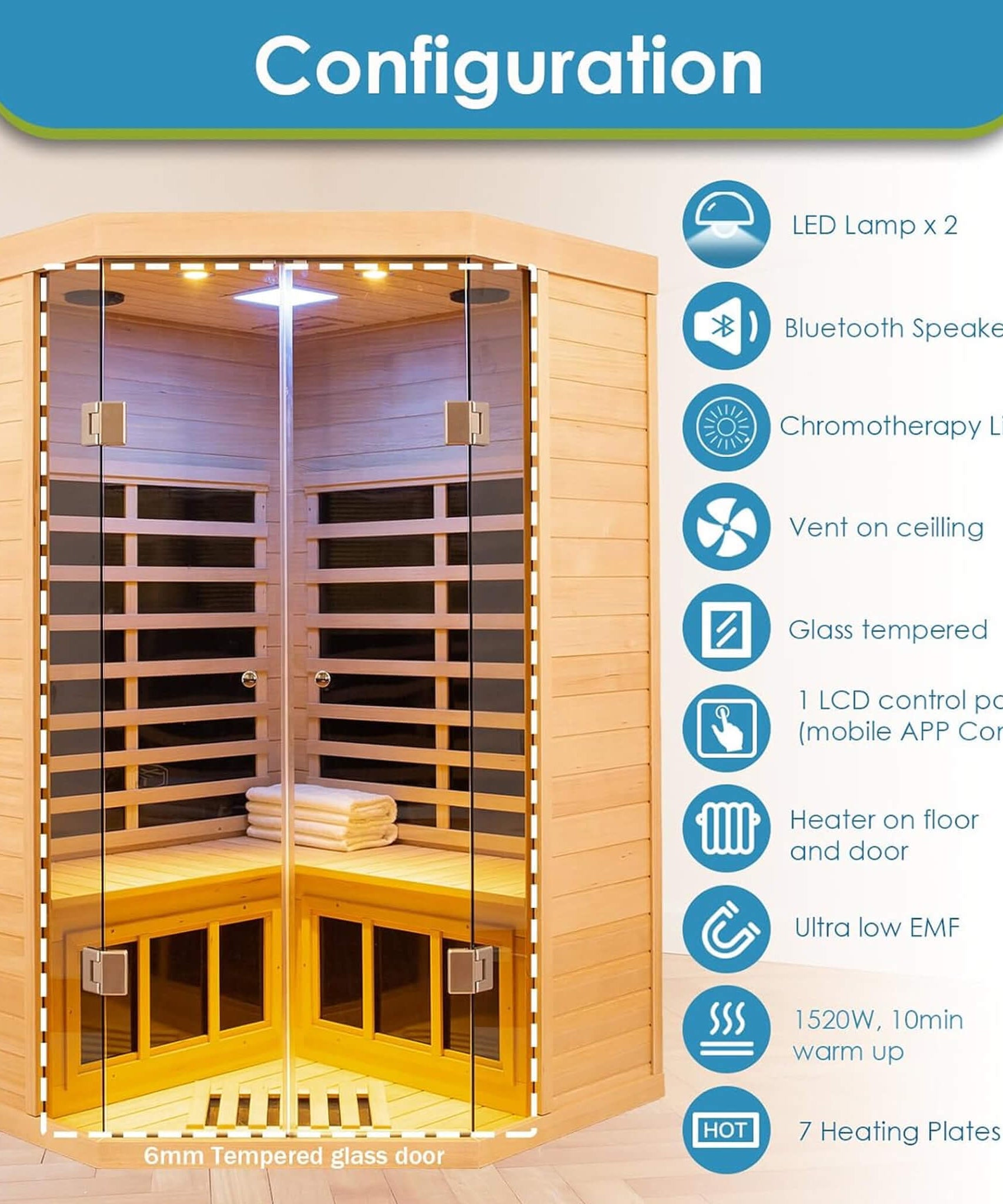 Thermora Laurent Premium 2-Person 1600W Corner Space Infrared Wooden Sauna Room With Bluetooth Speakers (SAK81524)