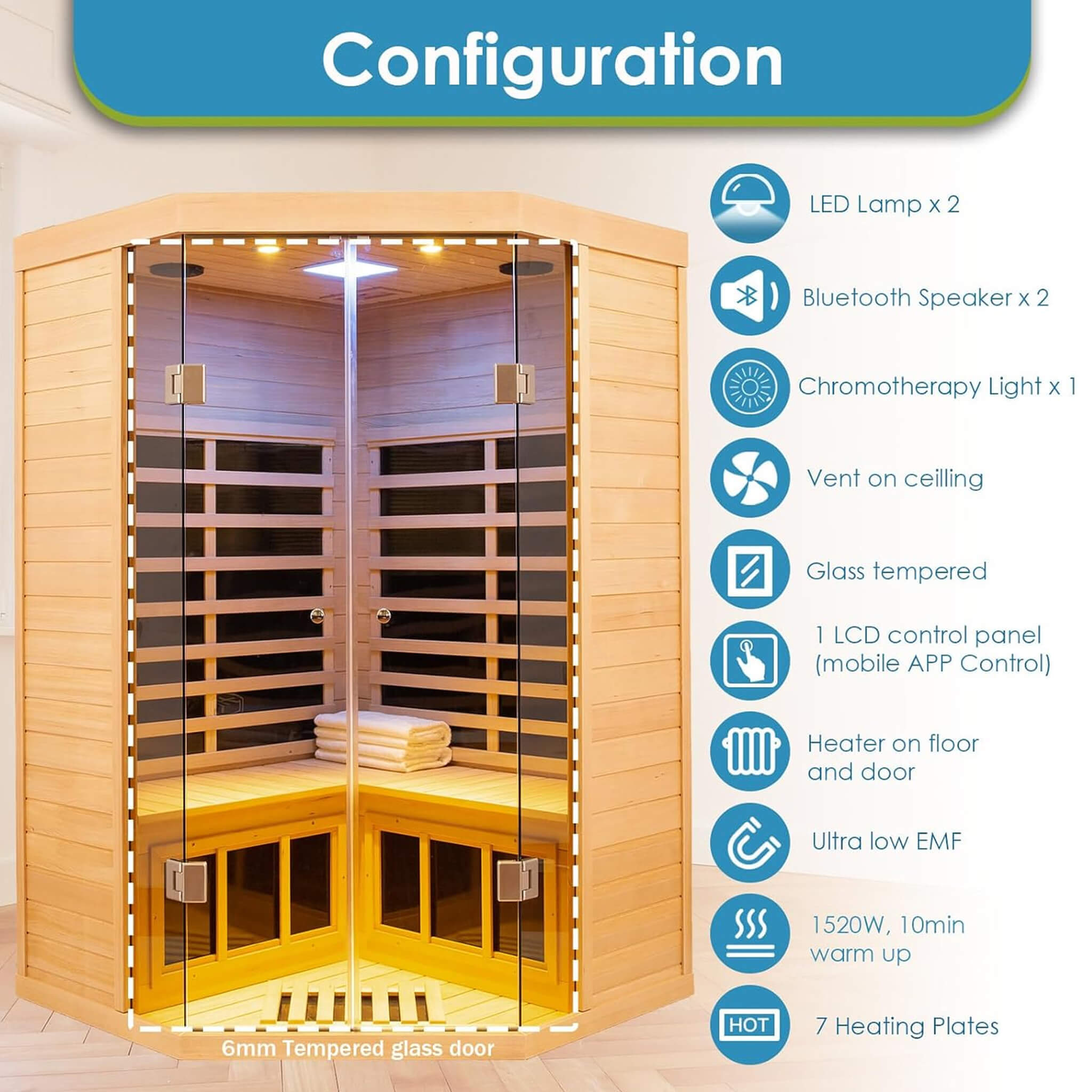 Thermora Laurent Premium 2-Person 1600W Corner Space Infrared Wooden Sauna Room With Bluetooth Speakers (SAK81524)