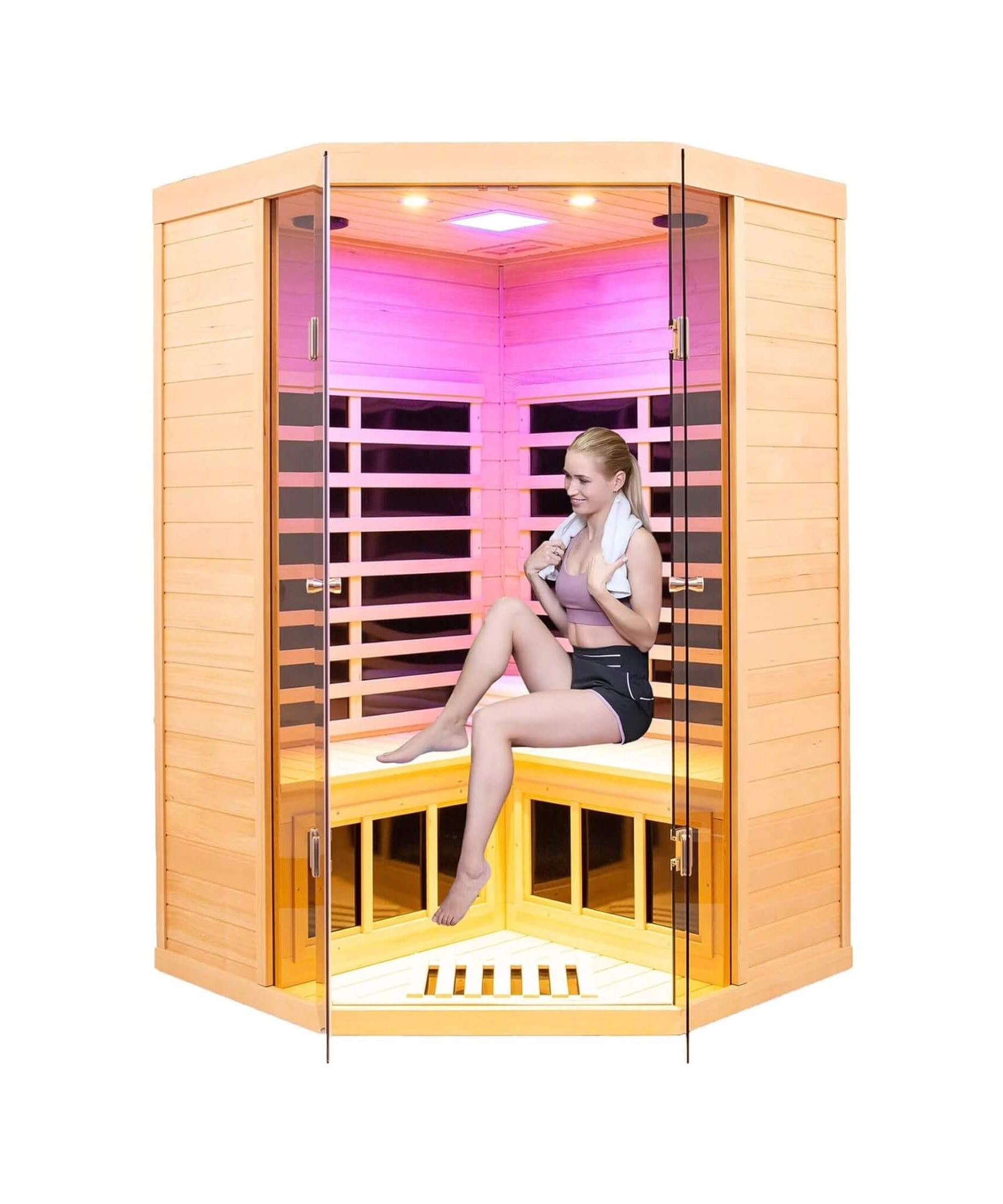 Thermora Laurent Premium 2-Person 1600W Corner Space Infrared Wooden Sauna Room With Bluetooth Speakers (SAK81524)