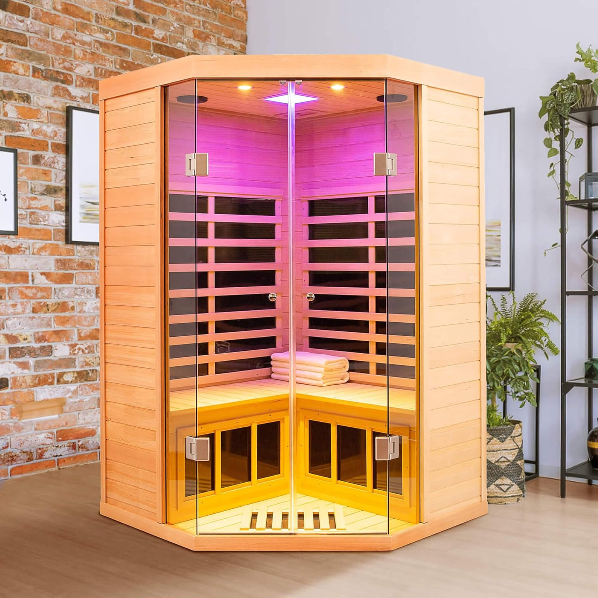 Thermora Laurent Premium 2-Person 1600W Corner Space Infrared Wooden Sauna Room With Bluetooth Speakers (SAK81524)