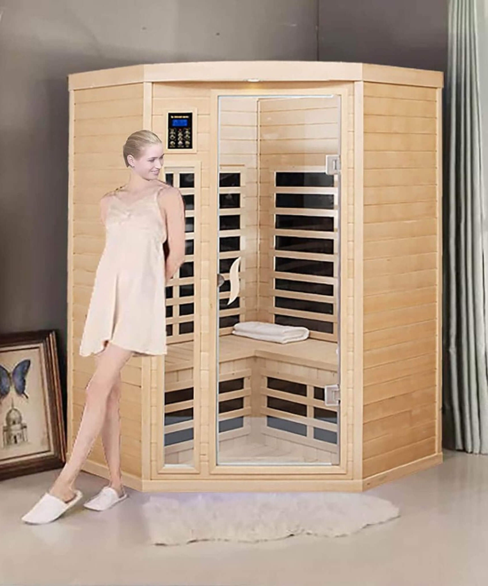 Thermora Laurent Premium 2-Person 1600W Corner Space Infrared Wooden Sauna Room With Bluetooth Speakers (SAK81524)