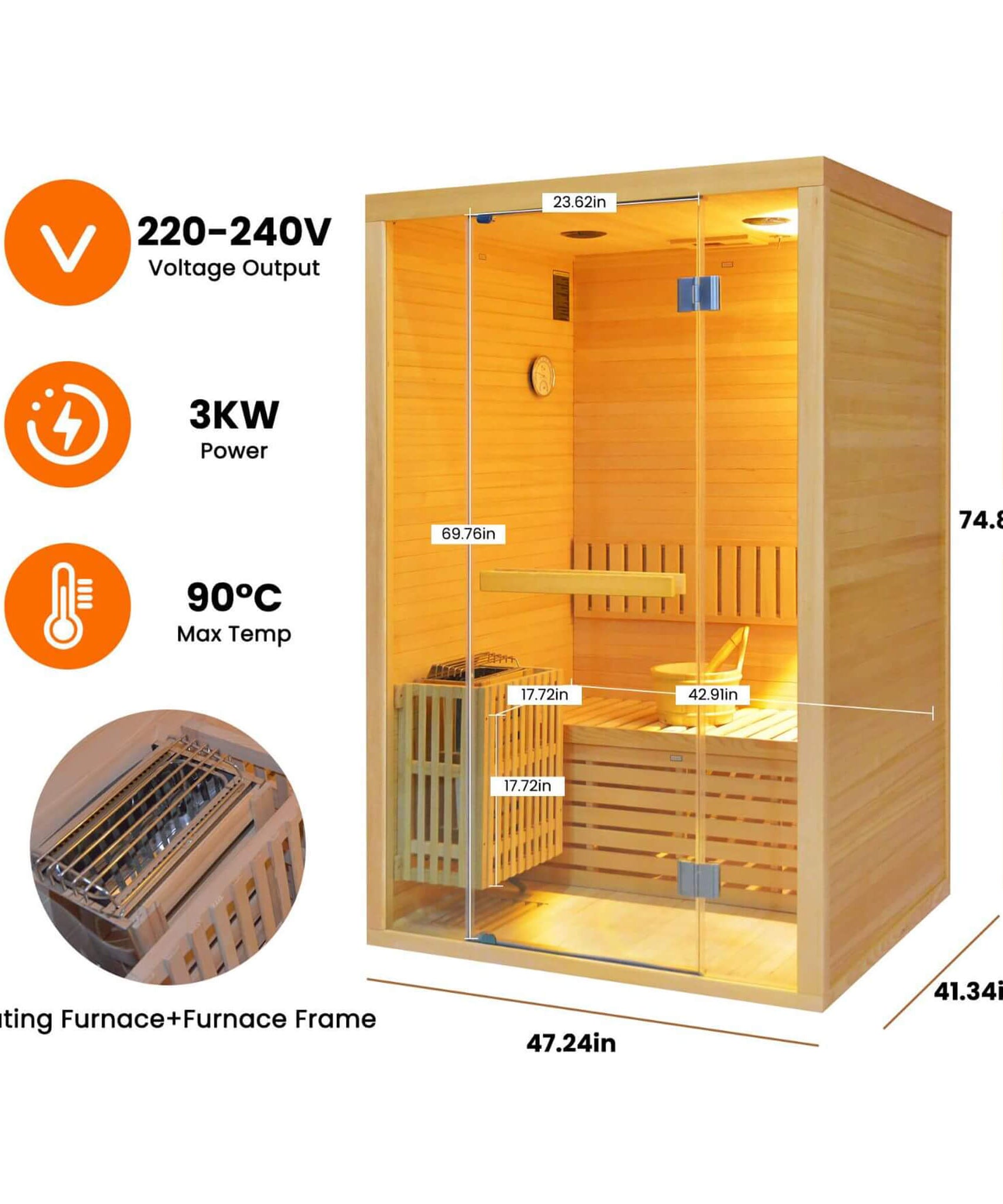 Thermora Alpine Premium 2-Person 3KW Hemlock Wood Sauna With LED Wall Light (SAK28471)