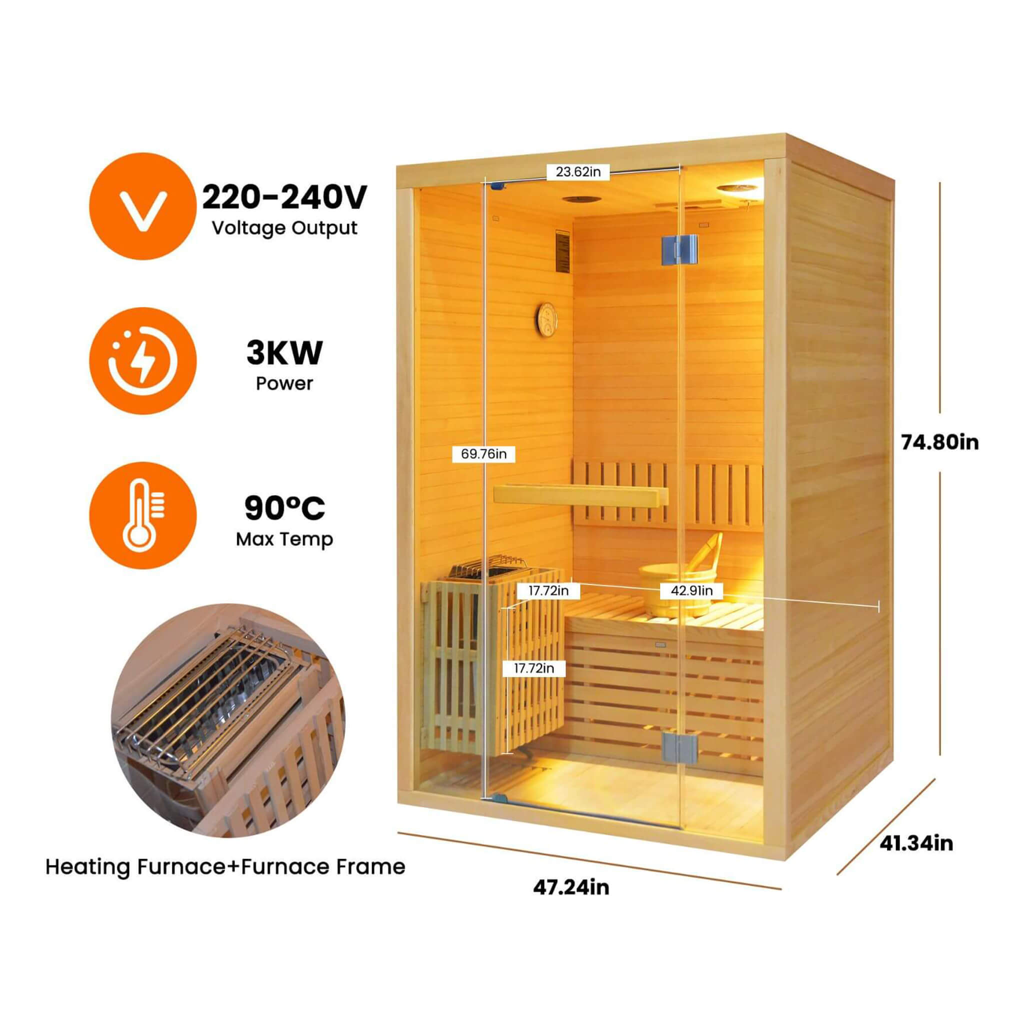 Thermora Alpine Premium 2-Person 3KW Hemlock Wood Sauna With LED Wall Light (SAK28471)