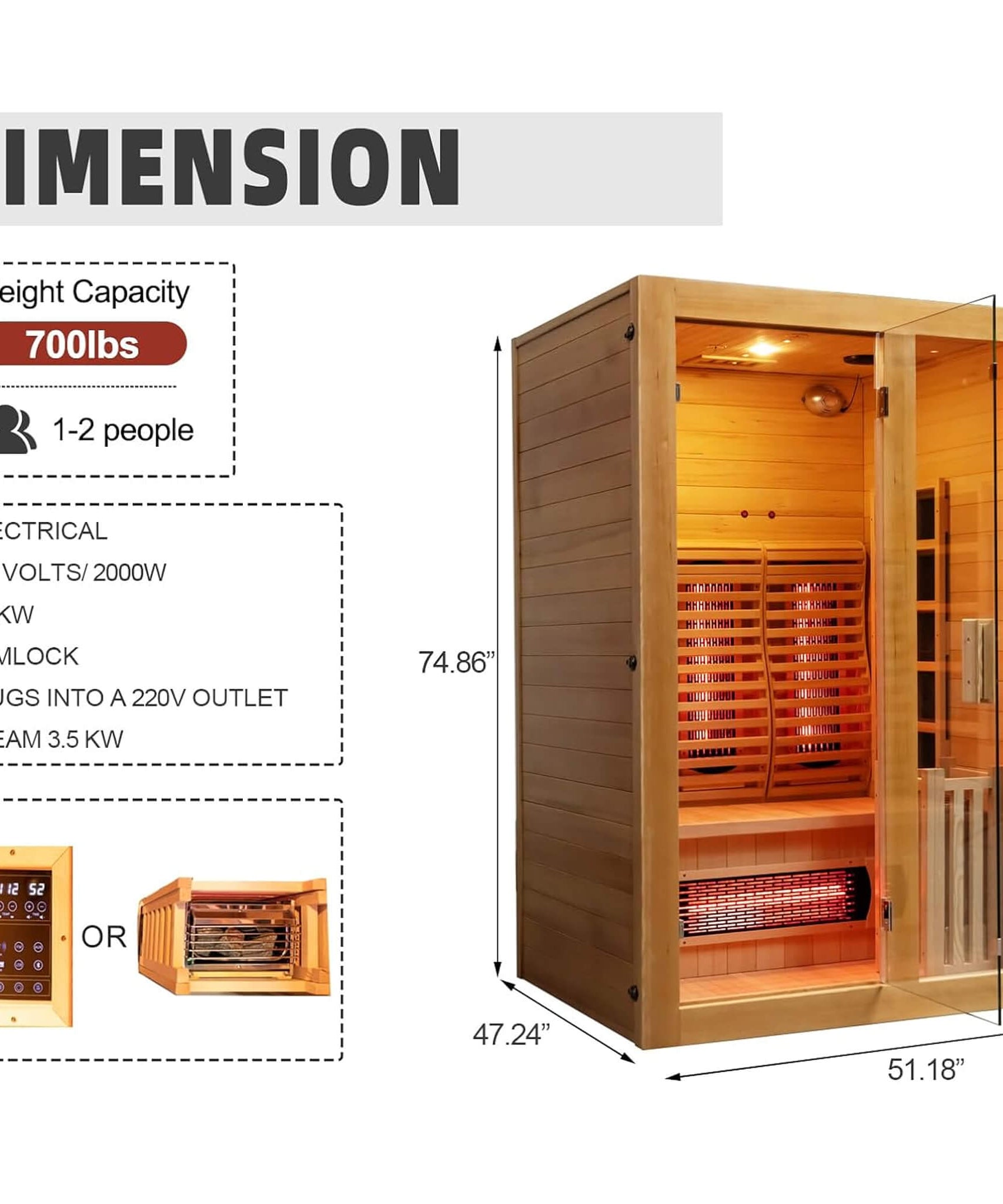 Rövia Luma 2-Person Indoor Hybrid Sauna Room With Infrared And 3.5KW Steam Heater [Made-To-Order] (SAK83750)