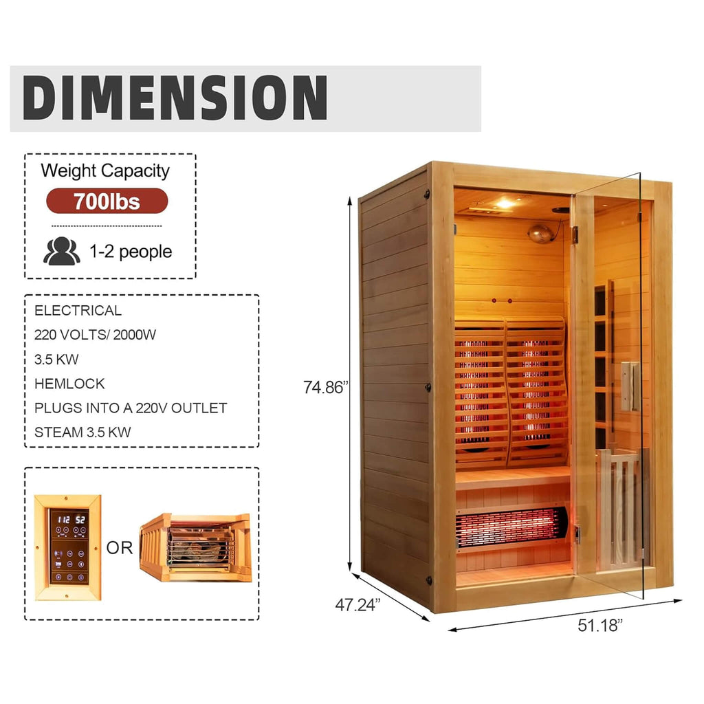 Rövia Luma 2-Person Indoor Hybrid Sauna Room With Infrared And 3.5KW Steam Heater [Made-To-Order] (SAK83750)