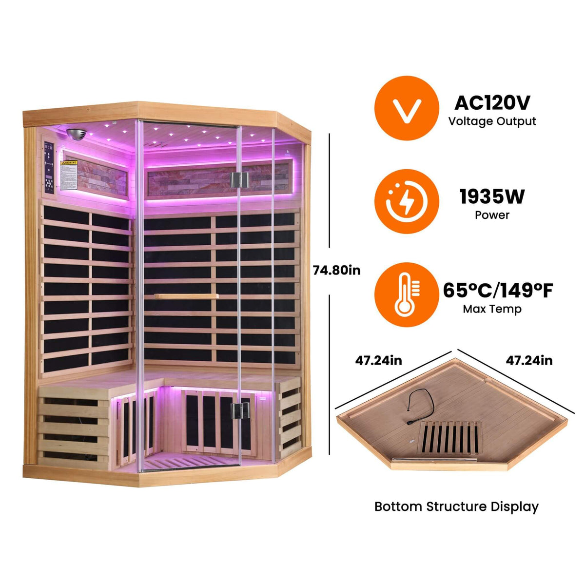 Ember Premium Canadian Hemlock 2-Person Indoor Infrared Sauna Room With Glass Front (SAK21495)