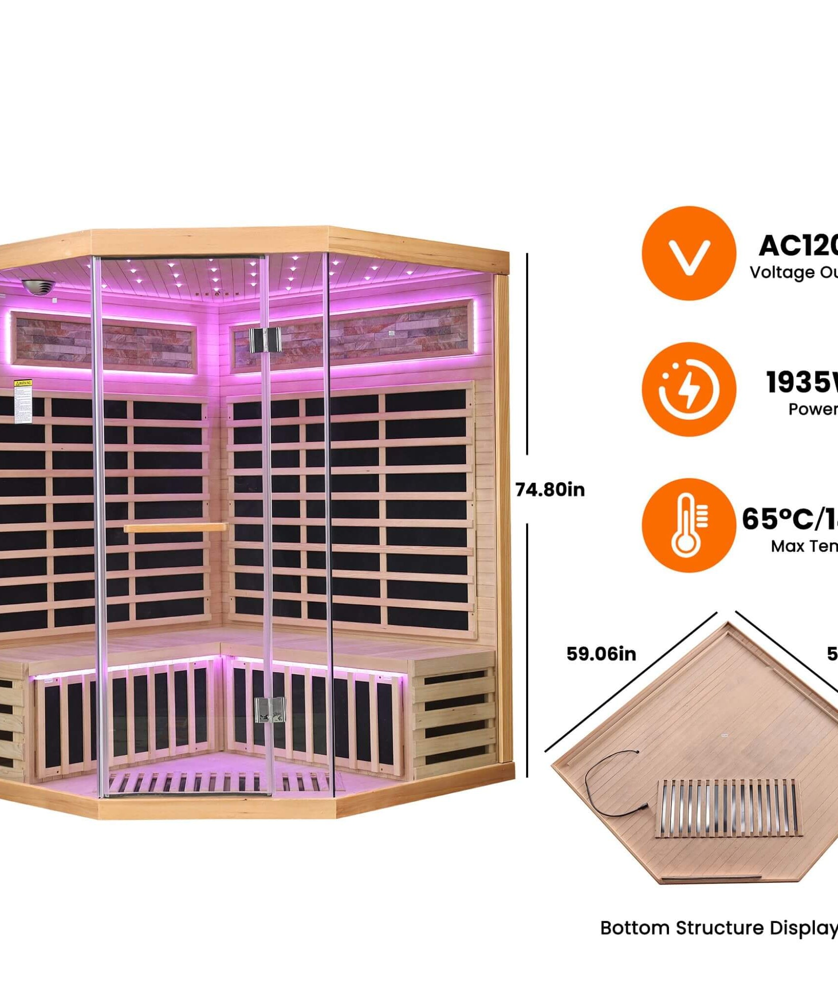 Aura Premium Canadian Hemlock Pentagonal Indoor Infrared Sauna Room With Glass Front (SAK98673)