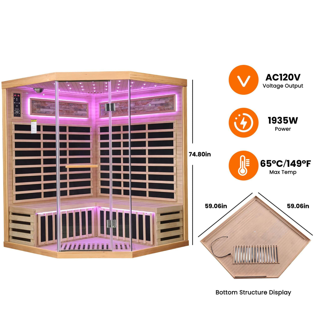 Aura Premium Canadian Hemlock Pentagonal Indoor Infrared Sauna Room With Glass Front (SAK98673)