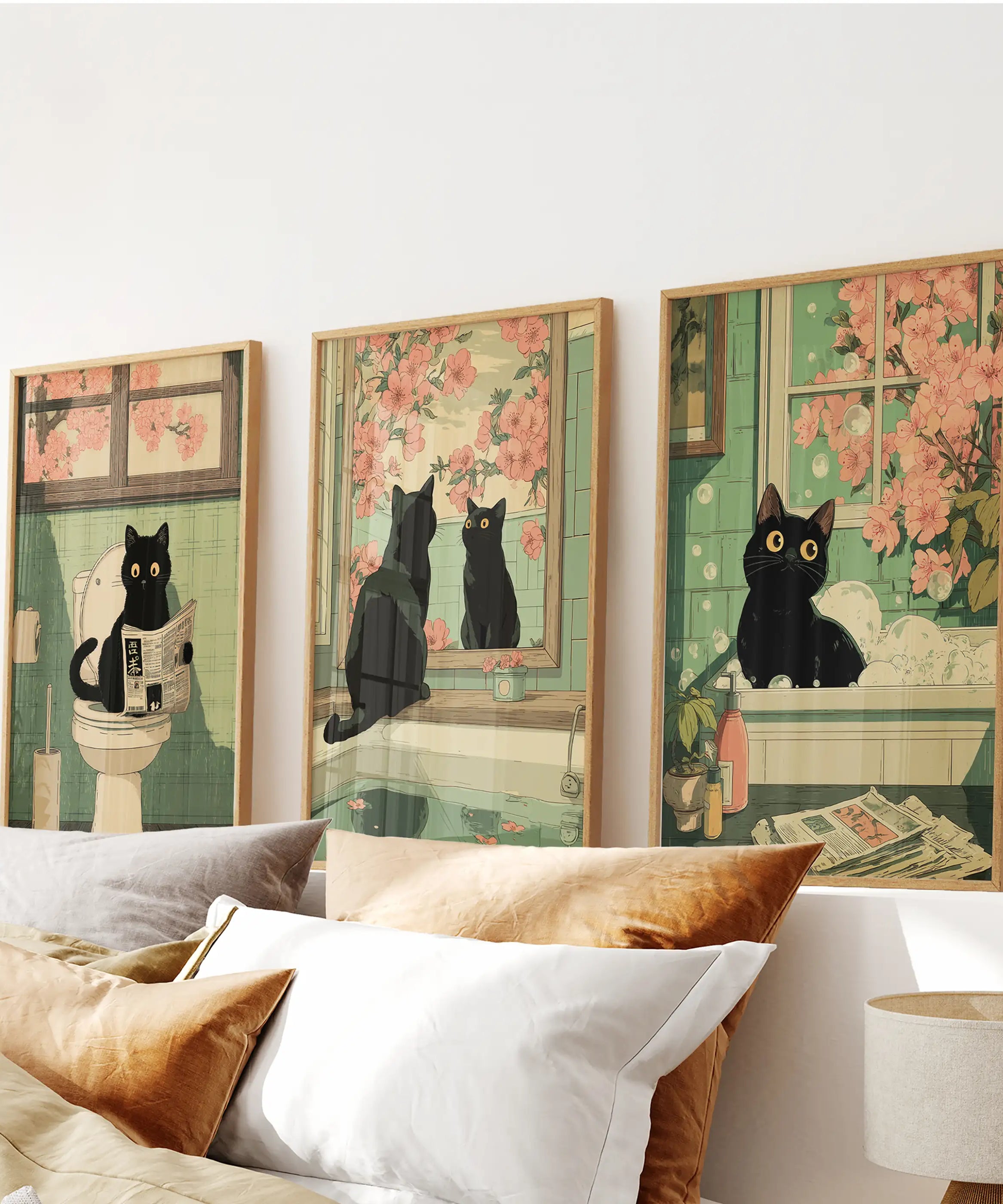 Funny Bathroom Poster. Japan Cat Pooping Wall Art Set of 3