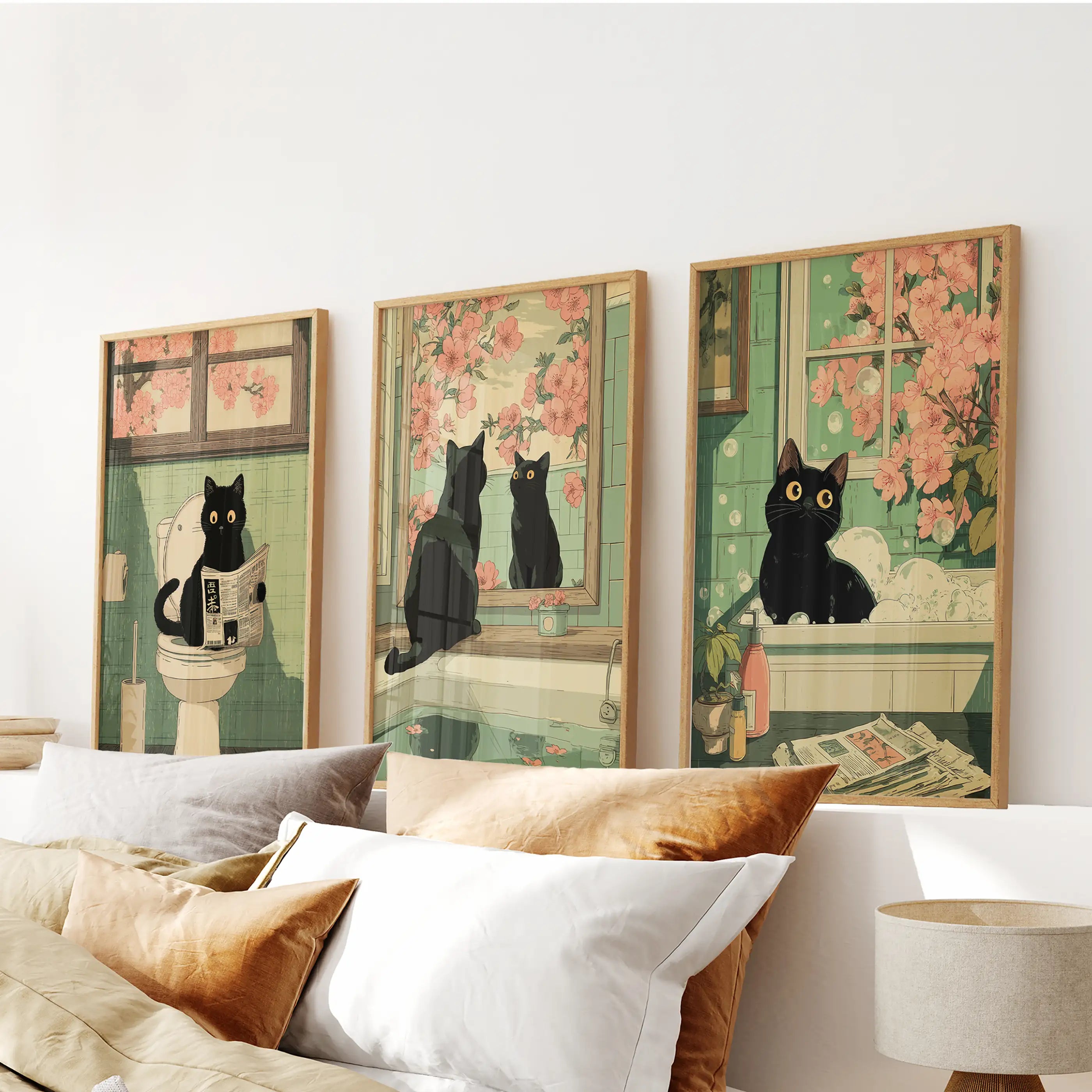 Funny Bathroom Poster. Japan Cat Pooping Wall Art Set of 3