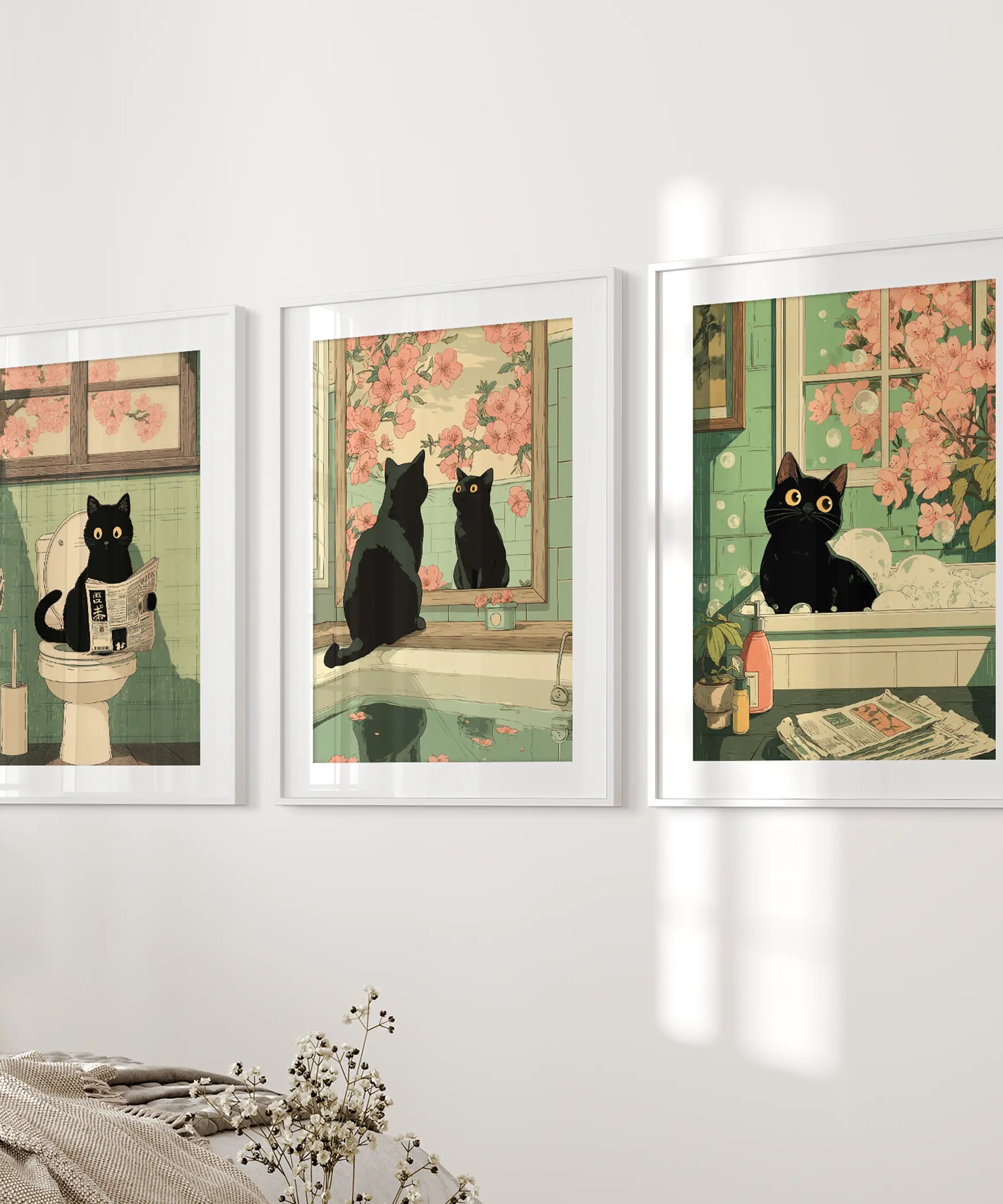 Funny Bathroom Poster. Japan Cat Pooping Wall Art Set of 3