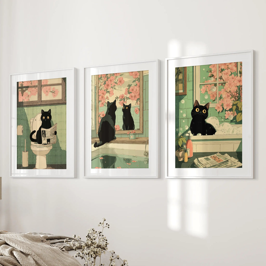 Funny Bathroom Poster. Japan Cat Pooping Wall Art Set of 3