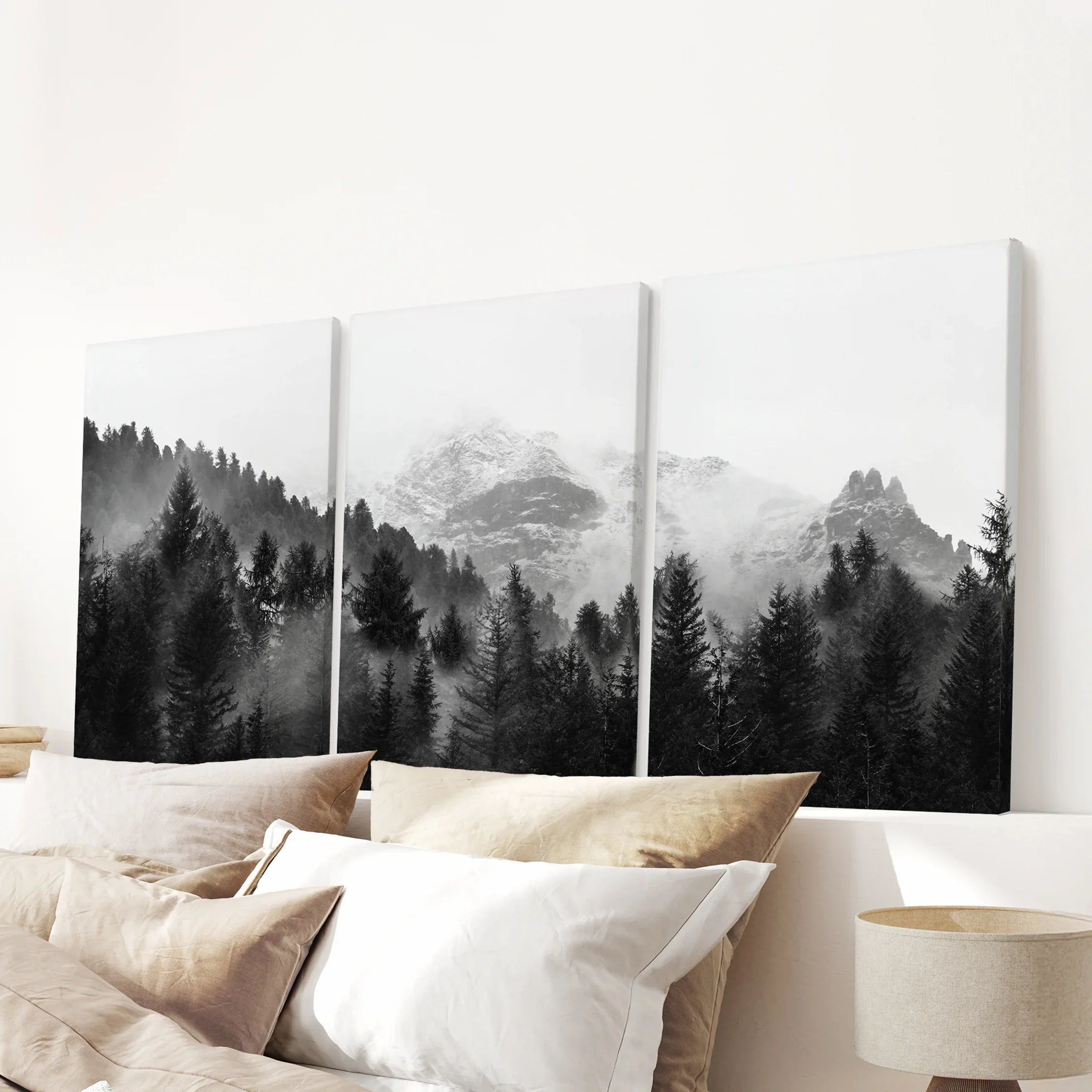 Black White Forest Triptych. Misty Mountains Nature Posters