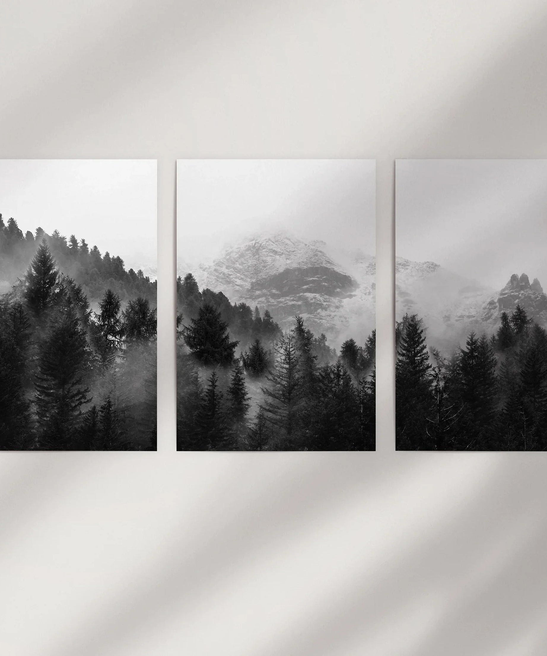 Black White Forest Triptych. Misty Mountains Nature Posters