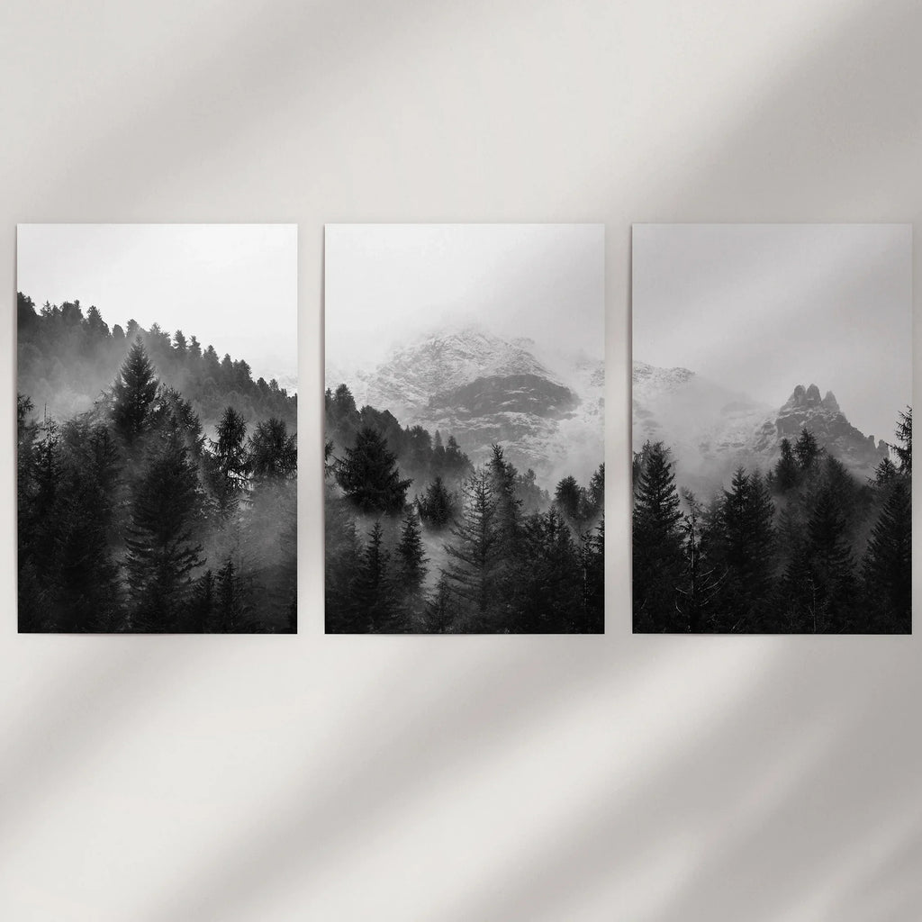 Black White Forest Triptych. Misty Mountains Nature Posters