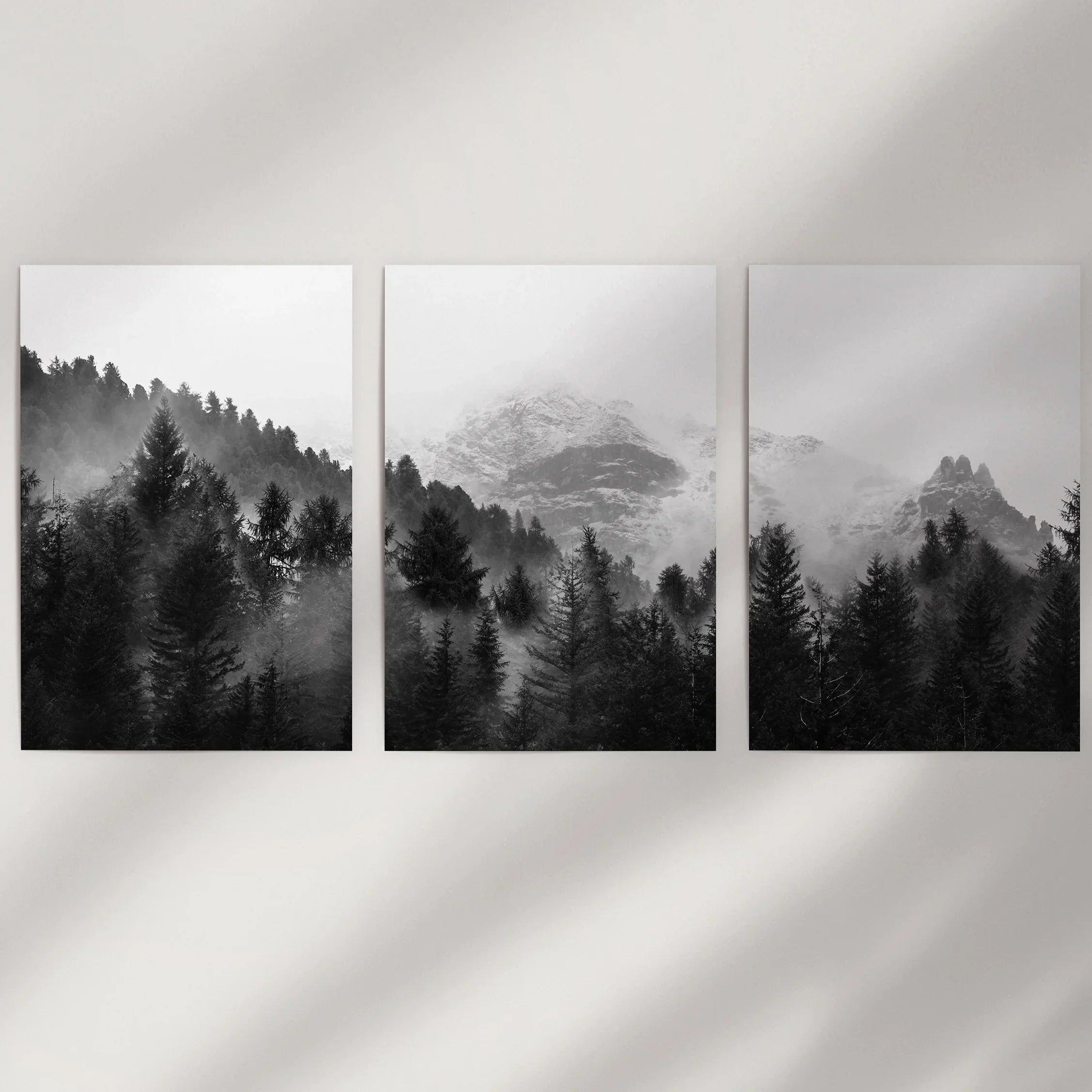 Black White Forest Triptych. Misty Mountains Nature Posters