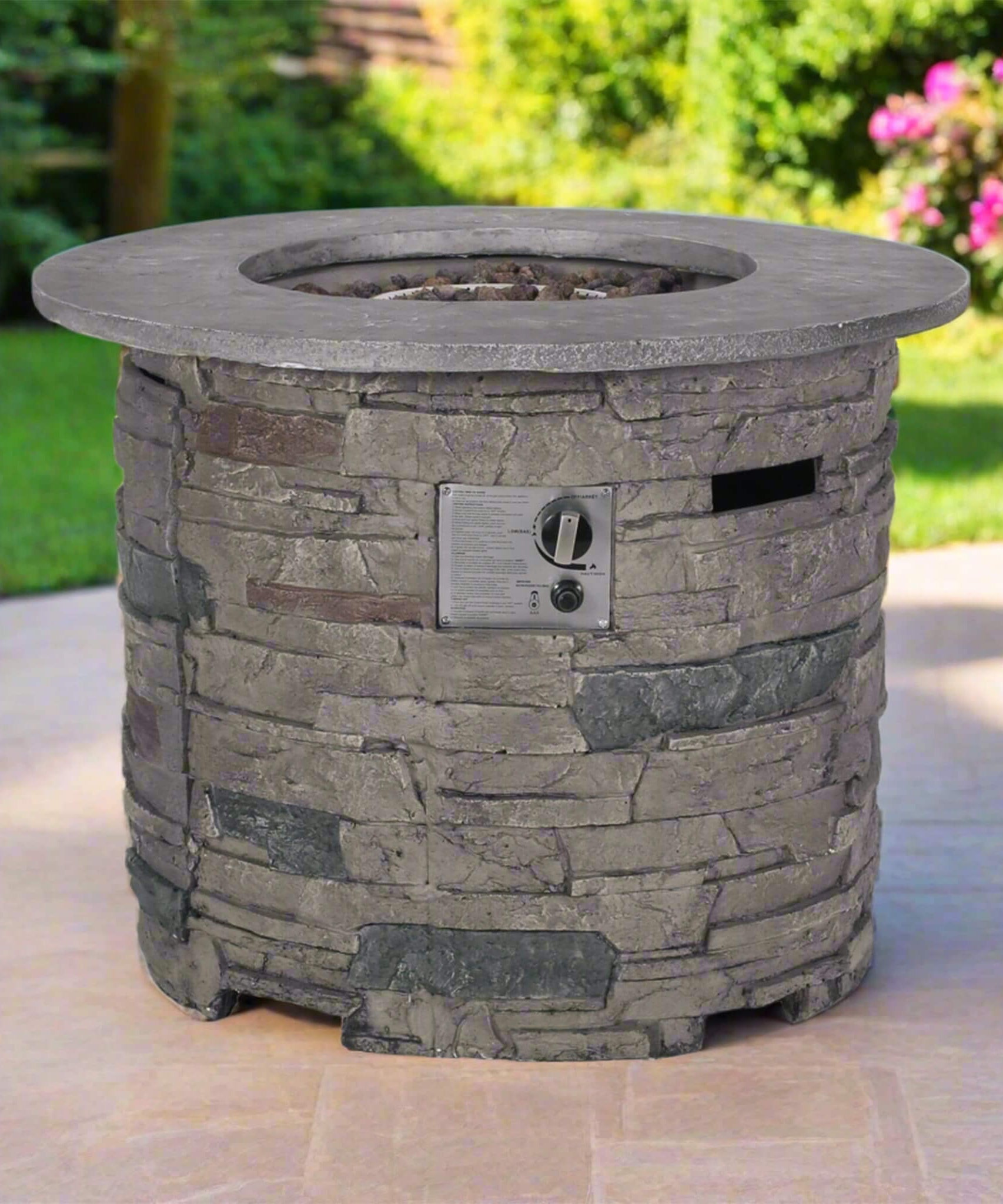 Alora 32-Inch Transitional Outdoor Concrete Round Propane Fire Pit Table, Gray (SAK48268)