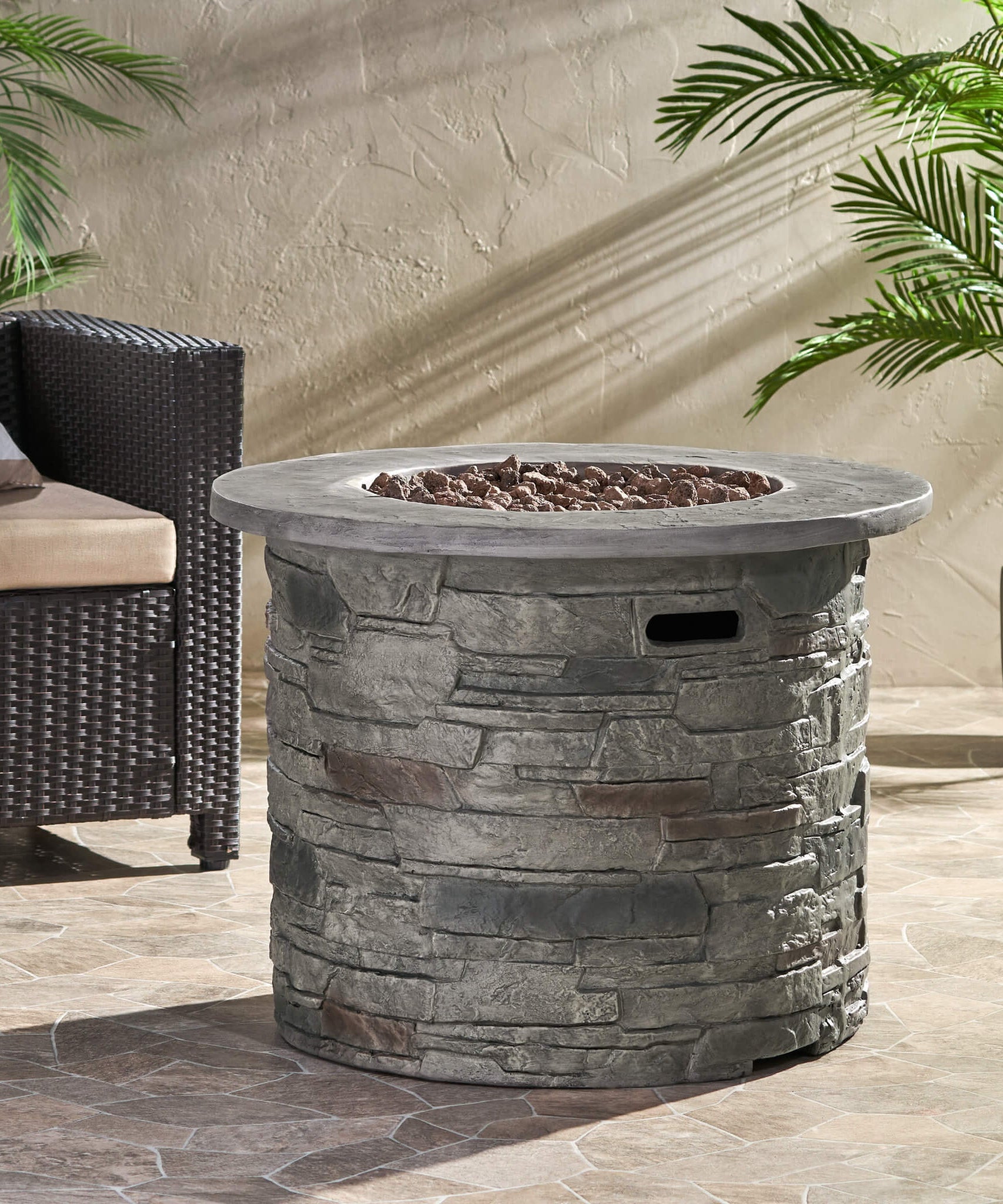 Alora 32-Inch Transitional Outdoor Concrete Round Propane Fire Pit Table, Gray (SAK48268)