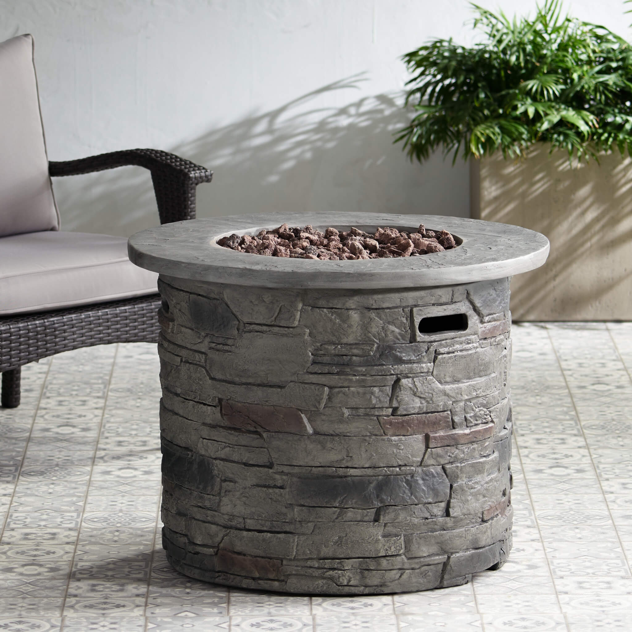 Alora 32-Inch Transitional Outdoor Concrete Round Propane Fire Pit Table, Gray (SAK48268)
