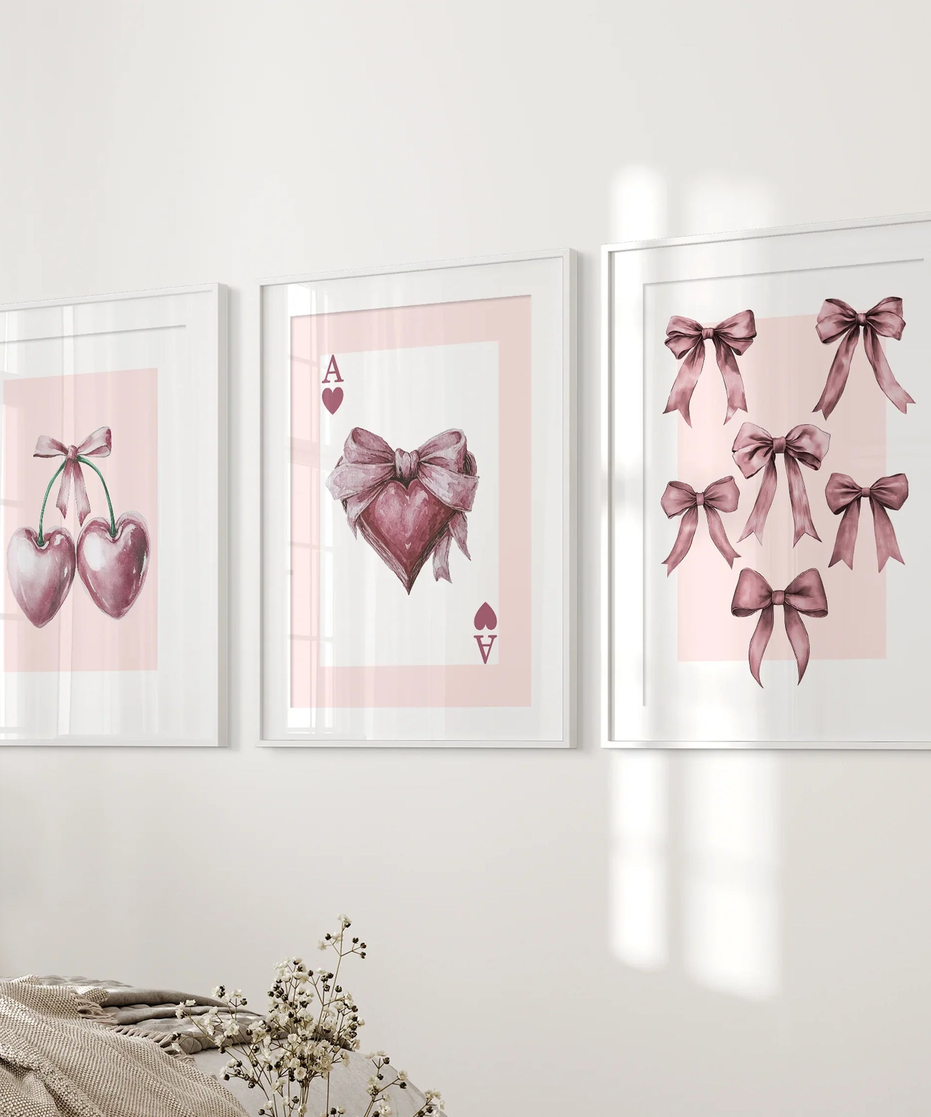 Coquette Cherry Wall Art Set of 3. Pink Romantic Decor