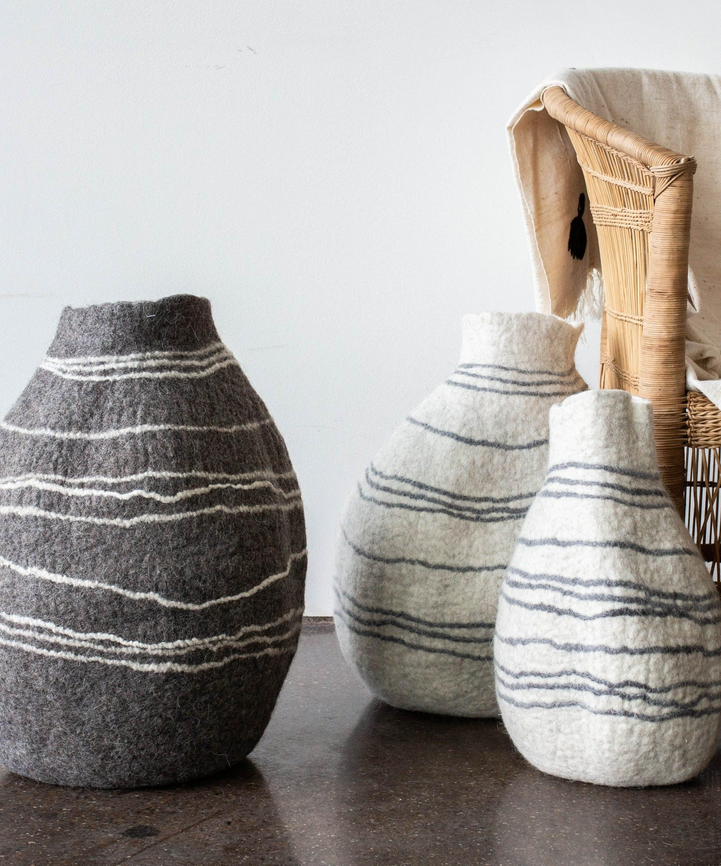 Tribal Lines Hand-Felted Wool Natural White Gourd Basket