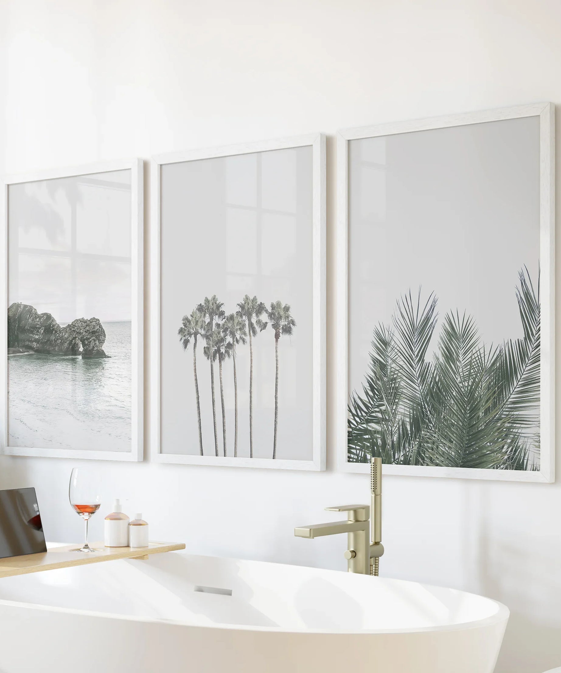 Modern Coastal Wall Art. Ocean Rock, Palms, Tropical Leaf