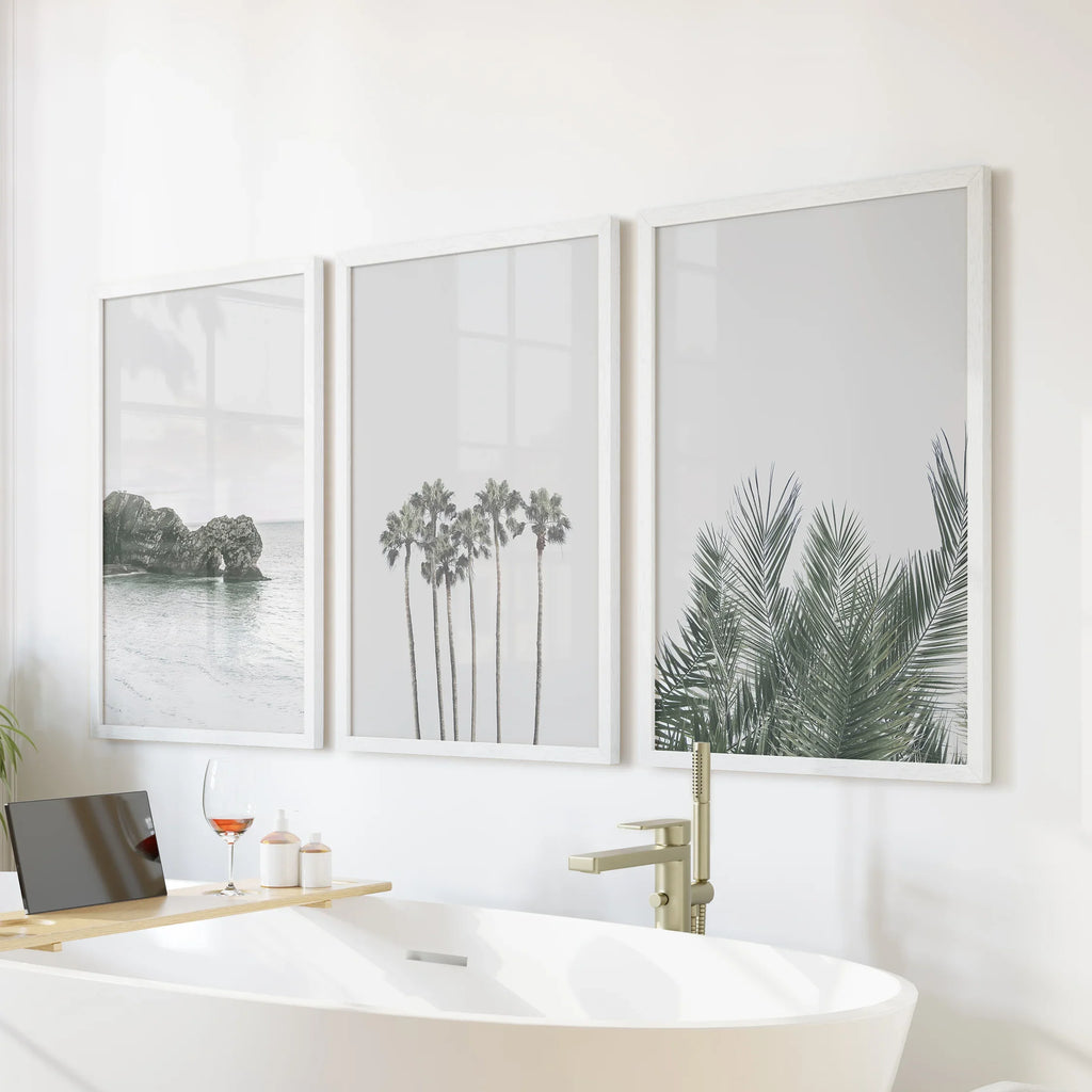 Modern Coastal Wall Art. Ocean Rock, Palms, Tropical Leaf