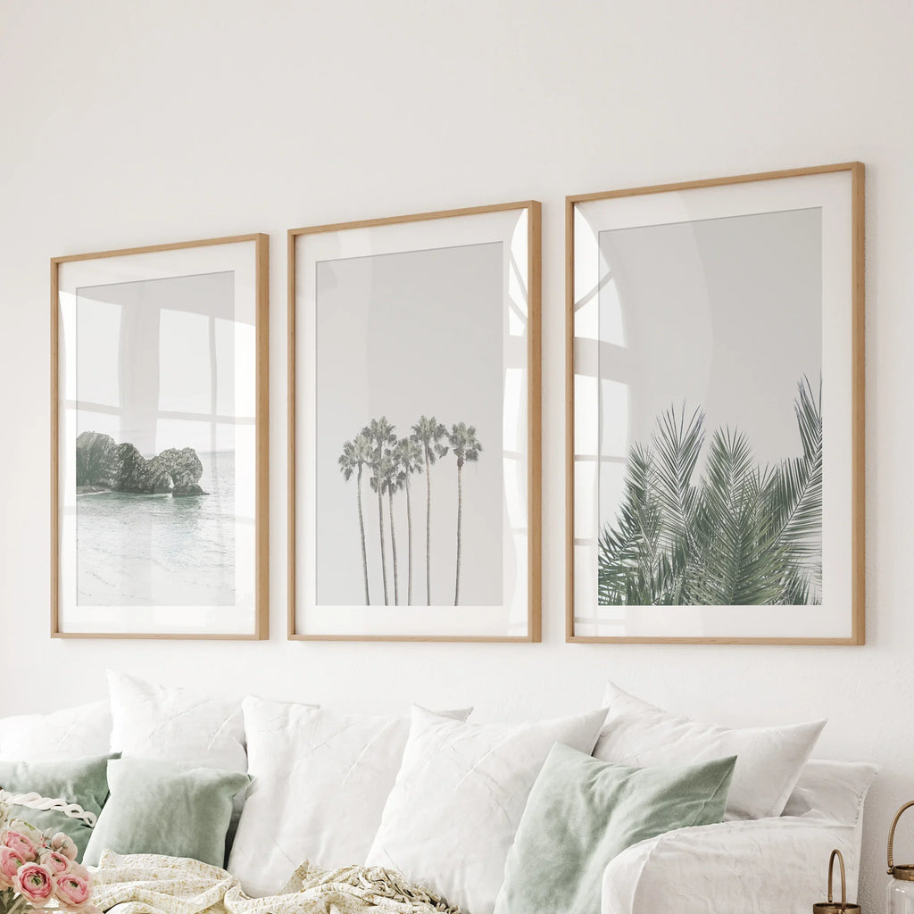Modern Coastal Wall Art. Ocean Rock, Palms, Tropical Leaf