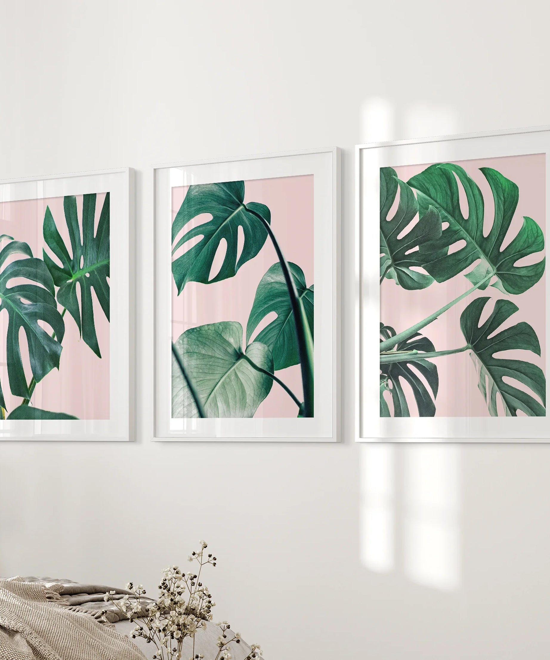 Pink Botanical 3 Piece Wall Art. Green Monstera Leaves Print
