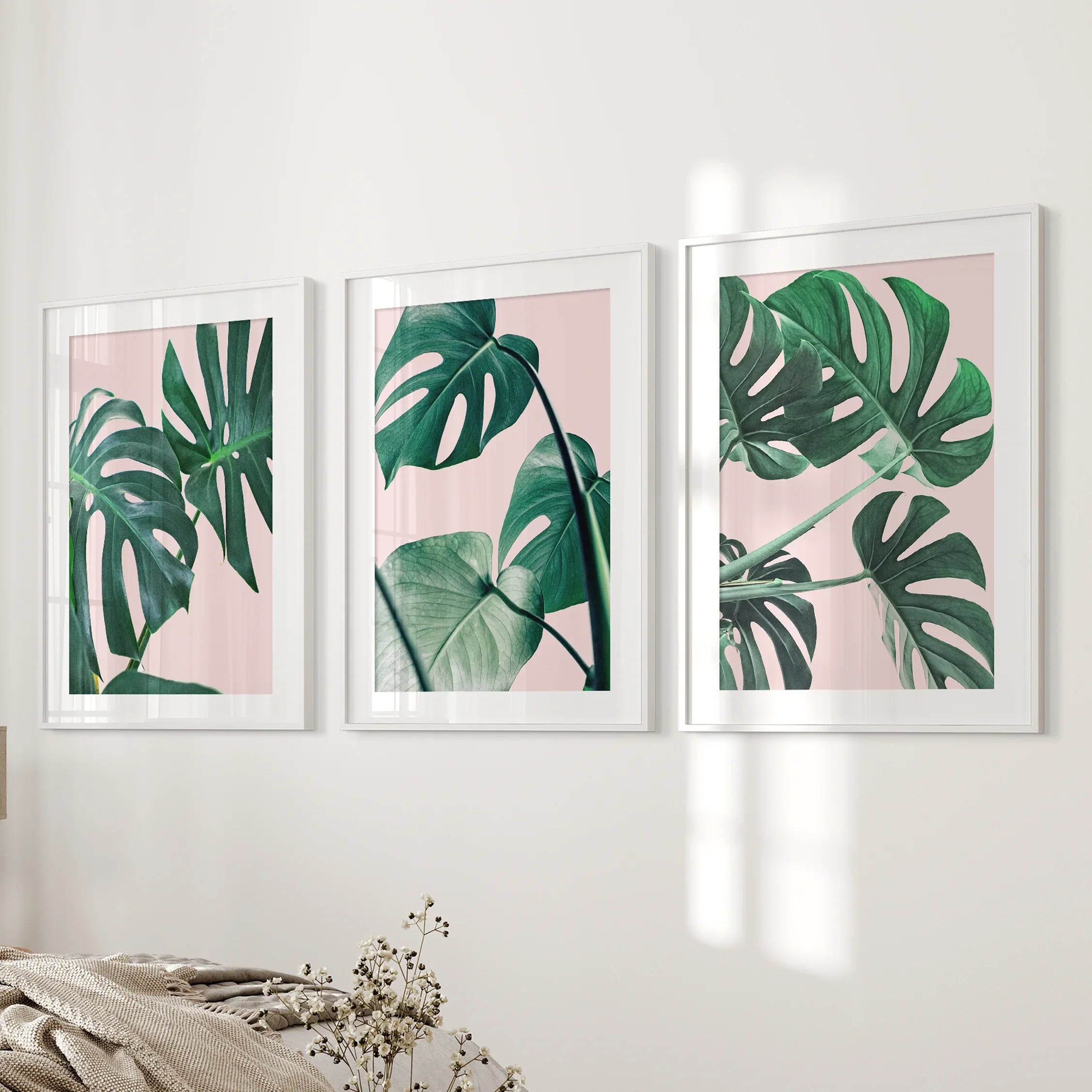 Pink Botanical 3 Piece Wall Art. Green Monstera Leaves Print