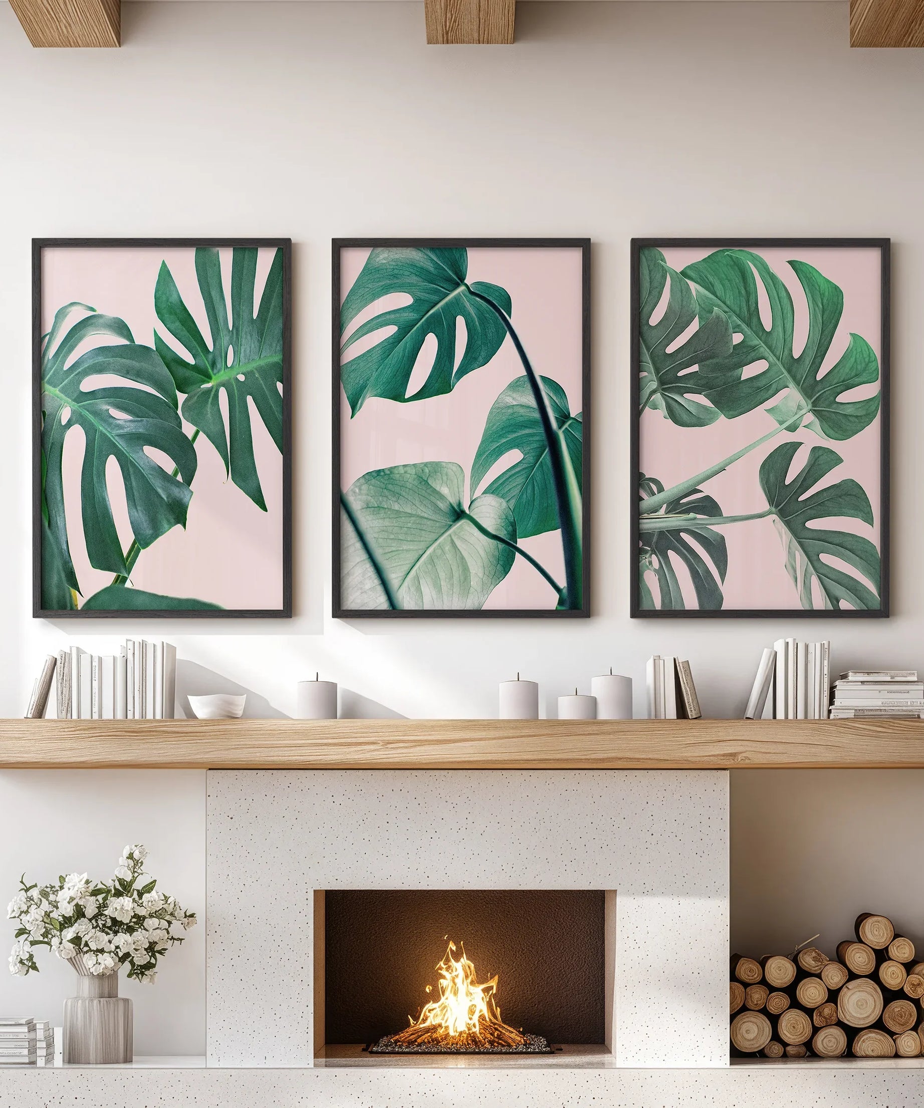 Pink Botanical 3 Piece Wall Art. Green Monstera Leaves Print