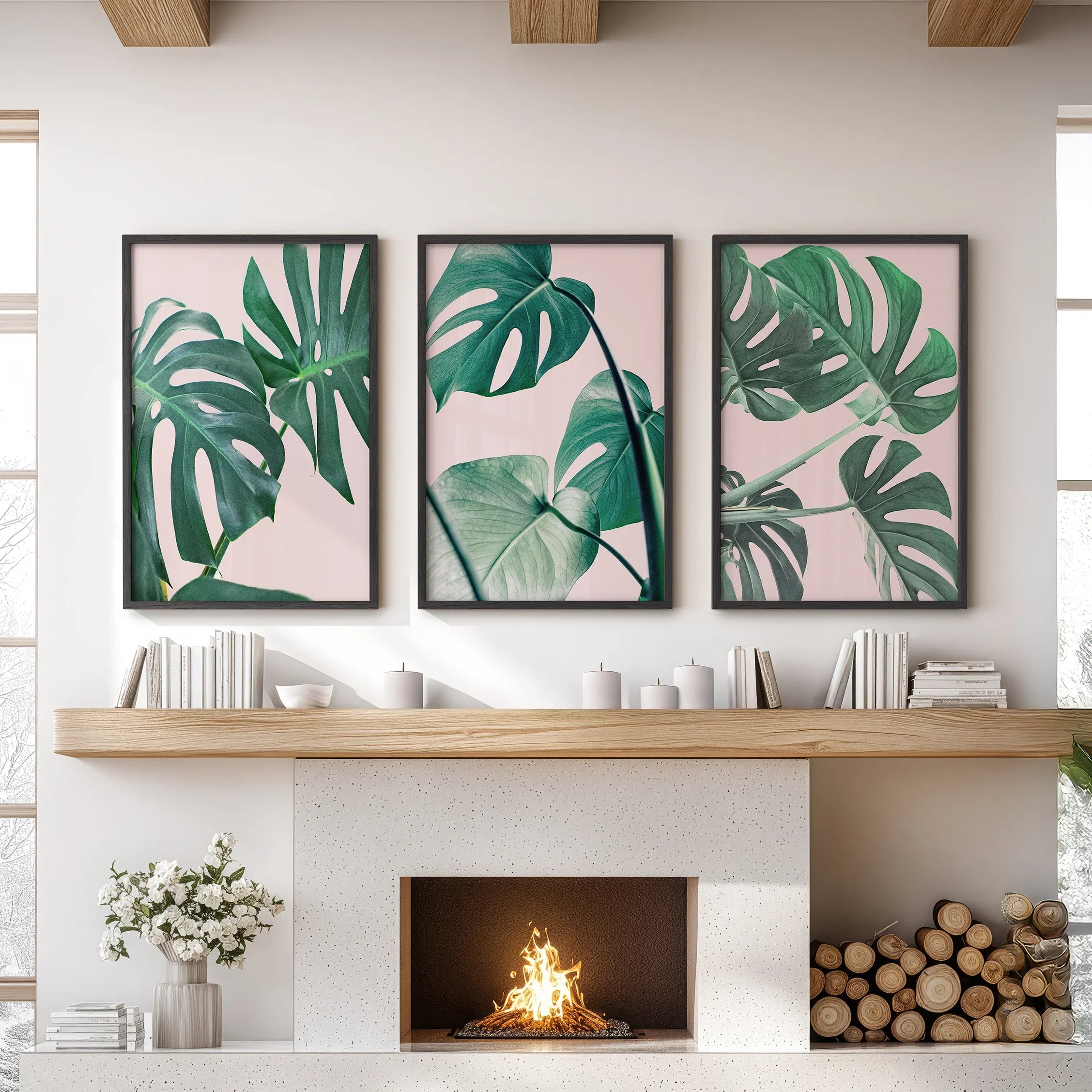 Pink Botanical 3 Piece Wall Art. Green Monstera Leaves Print