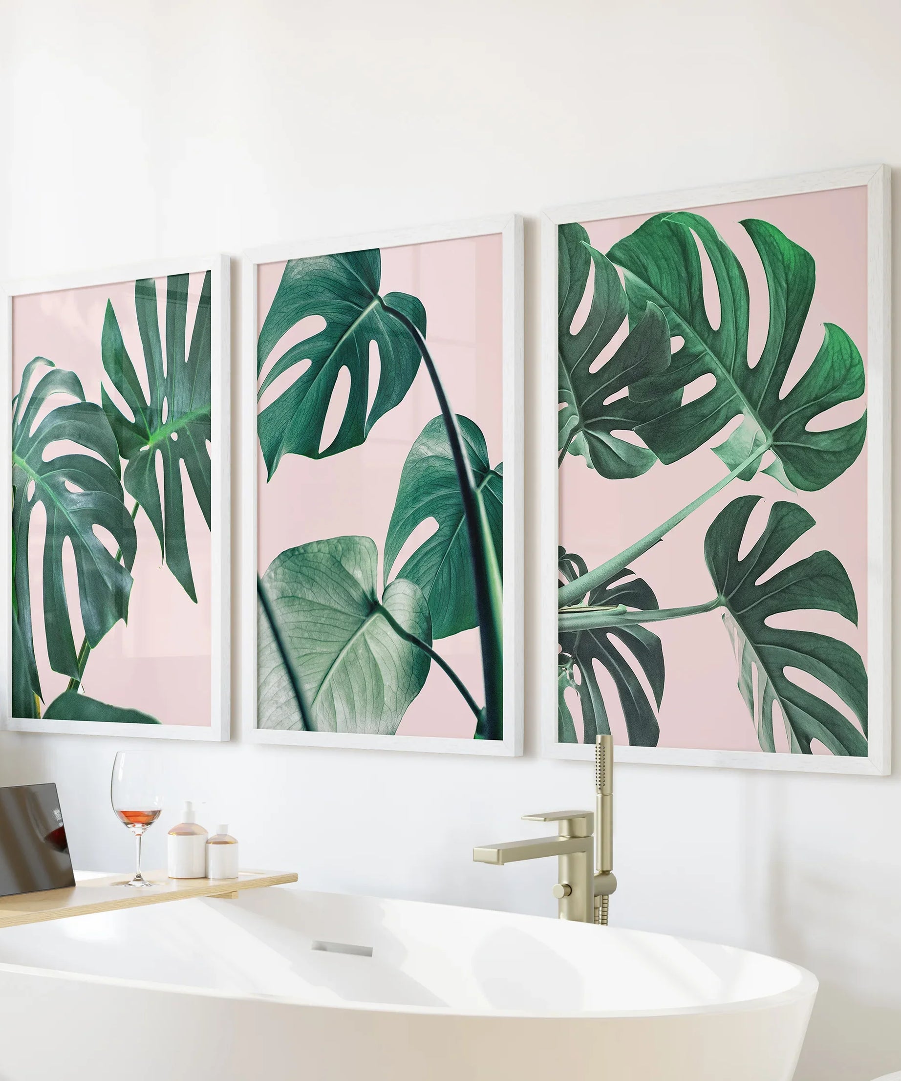 Pink Botanical 3 Piece Wall Art. Green Monstera Leaves Print