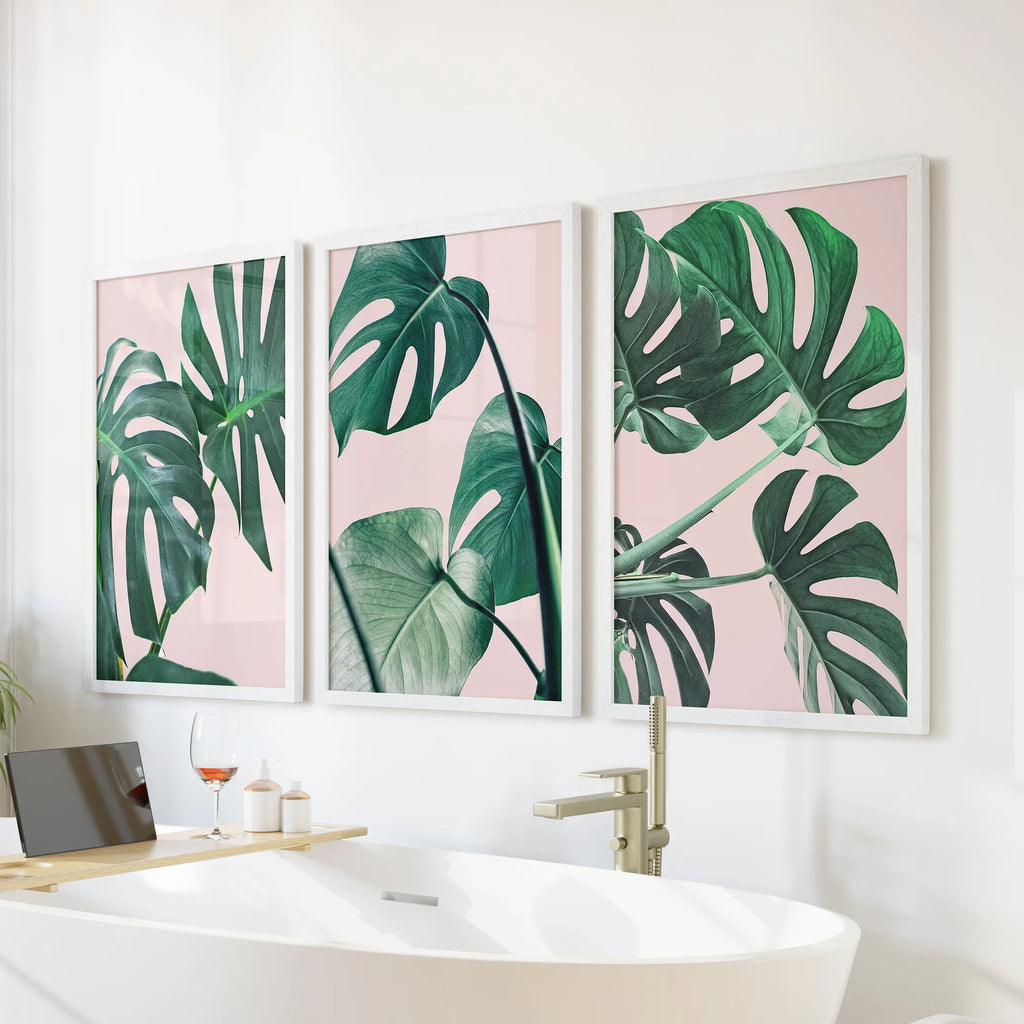 Pink Botanical 3 Piece Wall Art. Green Monstera Leaves Print