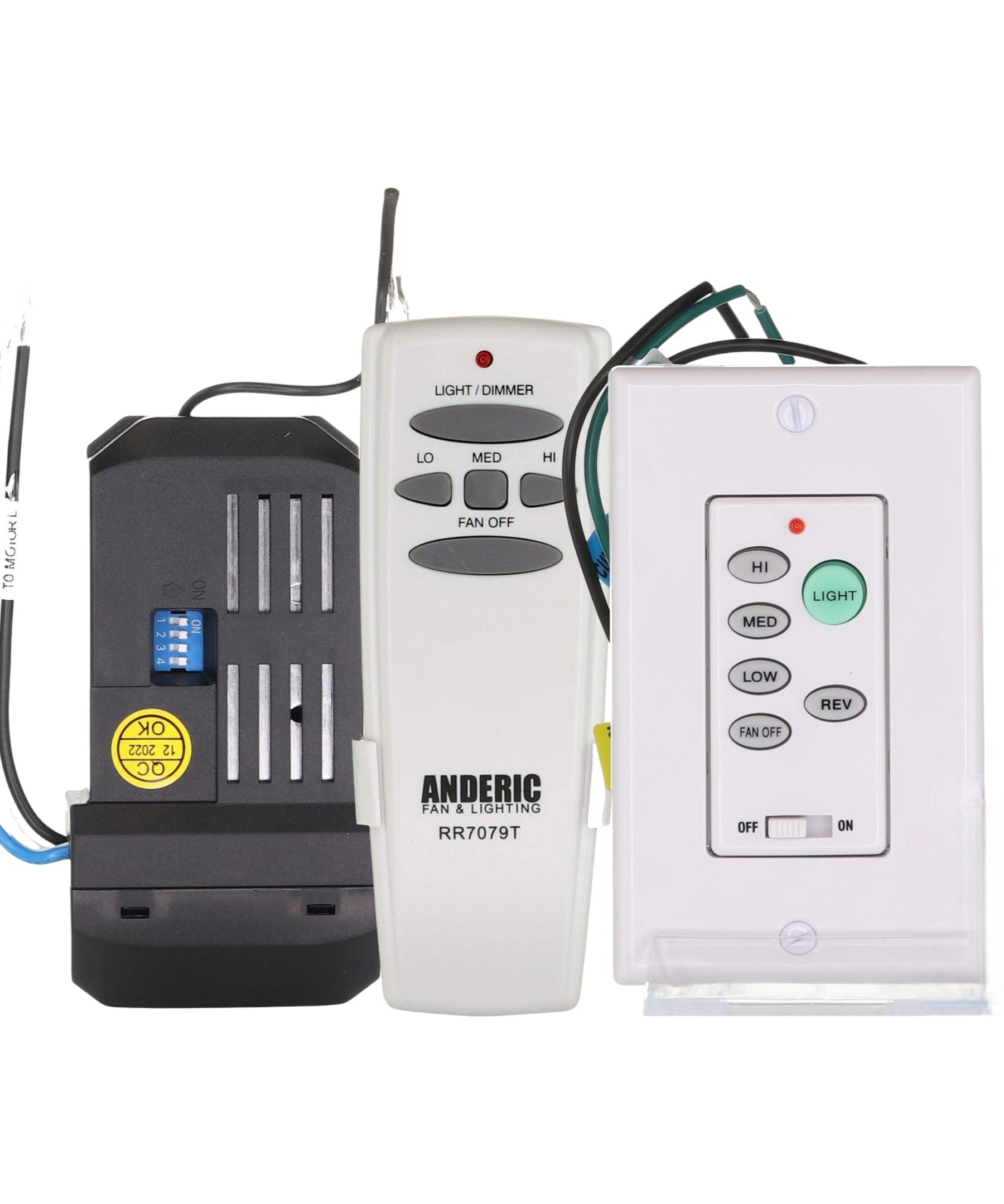Anderic 3-speed Universal Ceiling Fan Remote Control Kit with Wall Switch Remote, Handheld Remote, and Receiver | UC9051T-Wired, UC7067FMRX, RR7079T