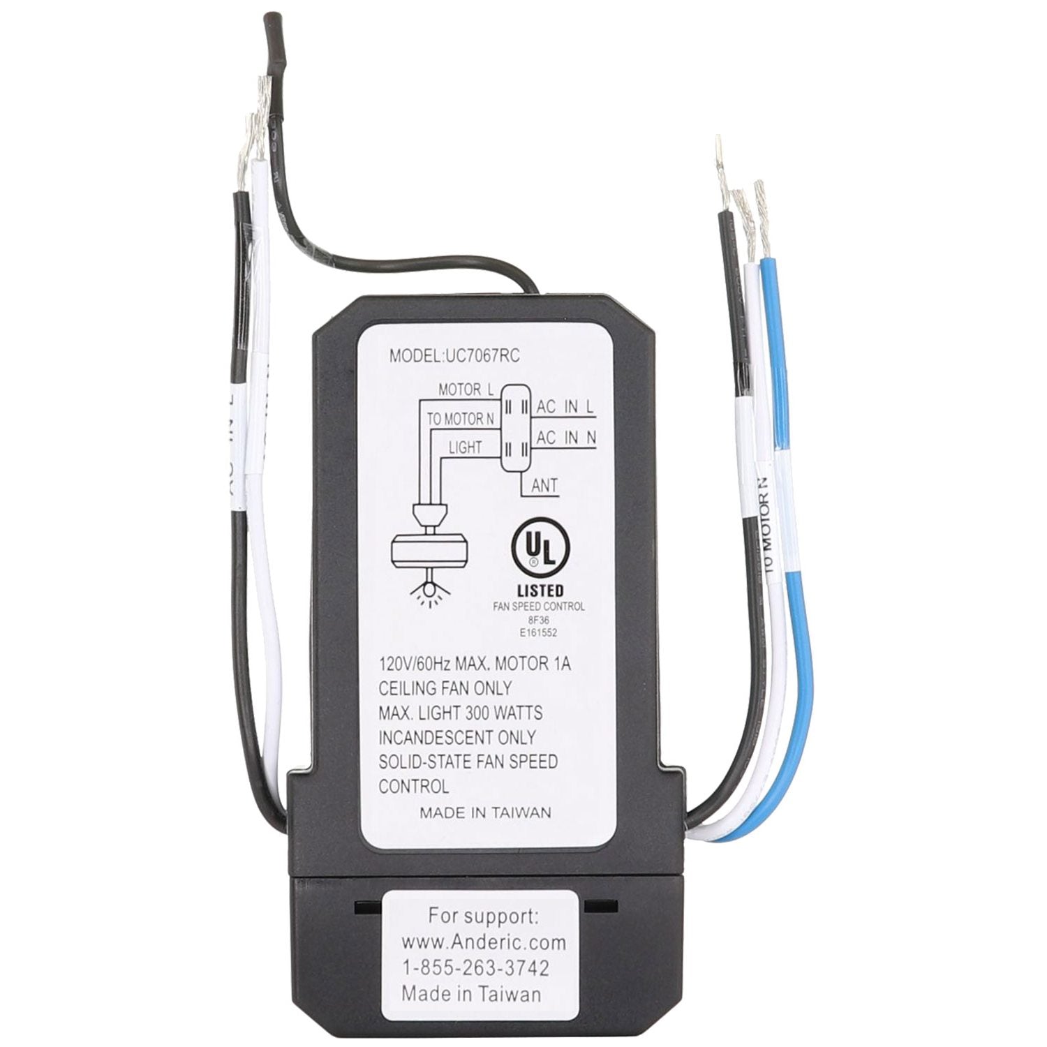 Anderic Wired Wall Switch Universal 3-Speed Ceiling Fan Remote Control Kit | UC9051T-WIRED/UC7067FMRX
