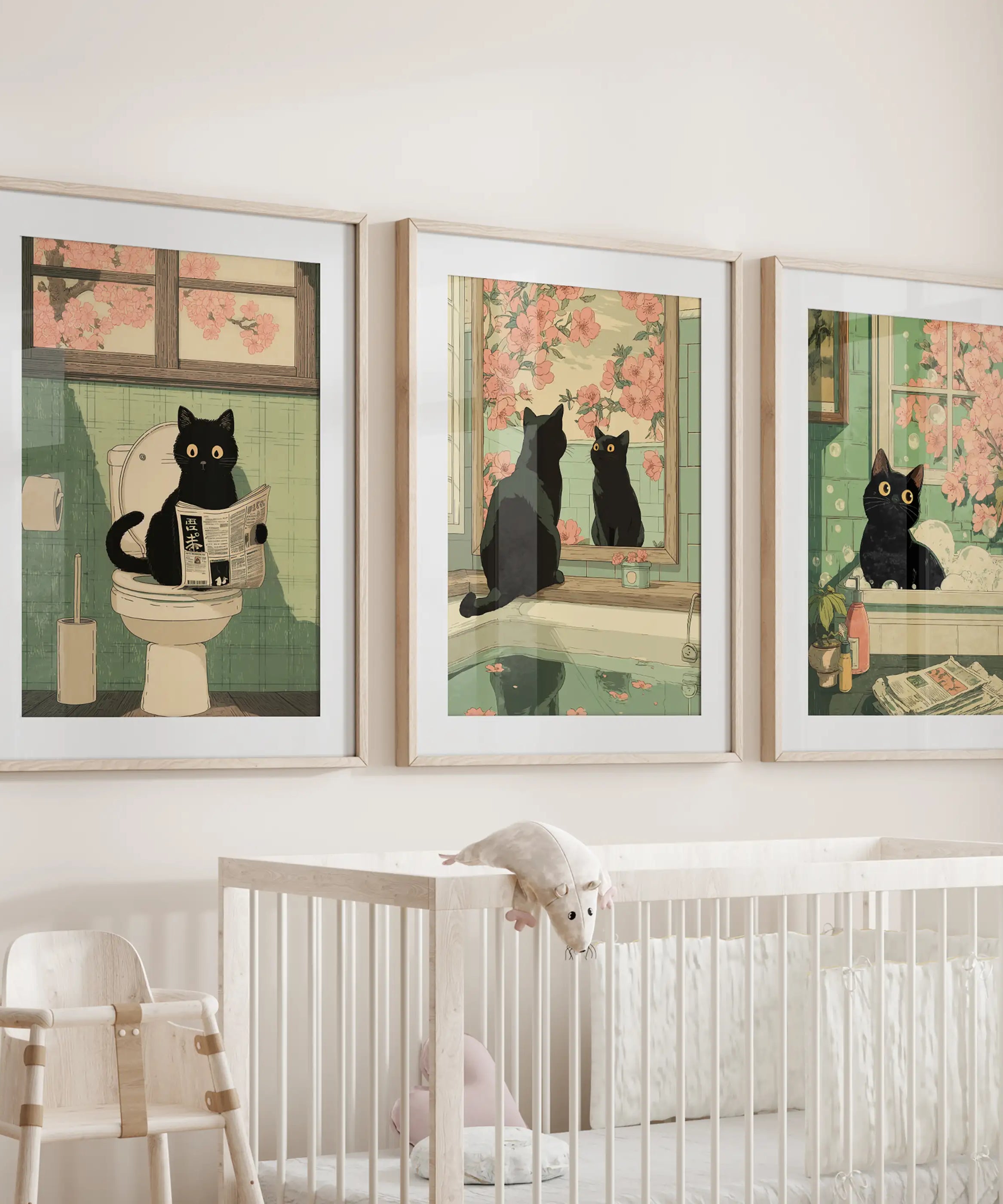 Funny Bathroom Poster. Japan Cat Pooping Wall Art Set of 3