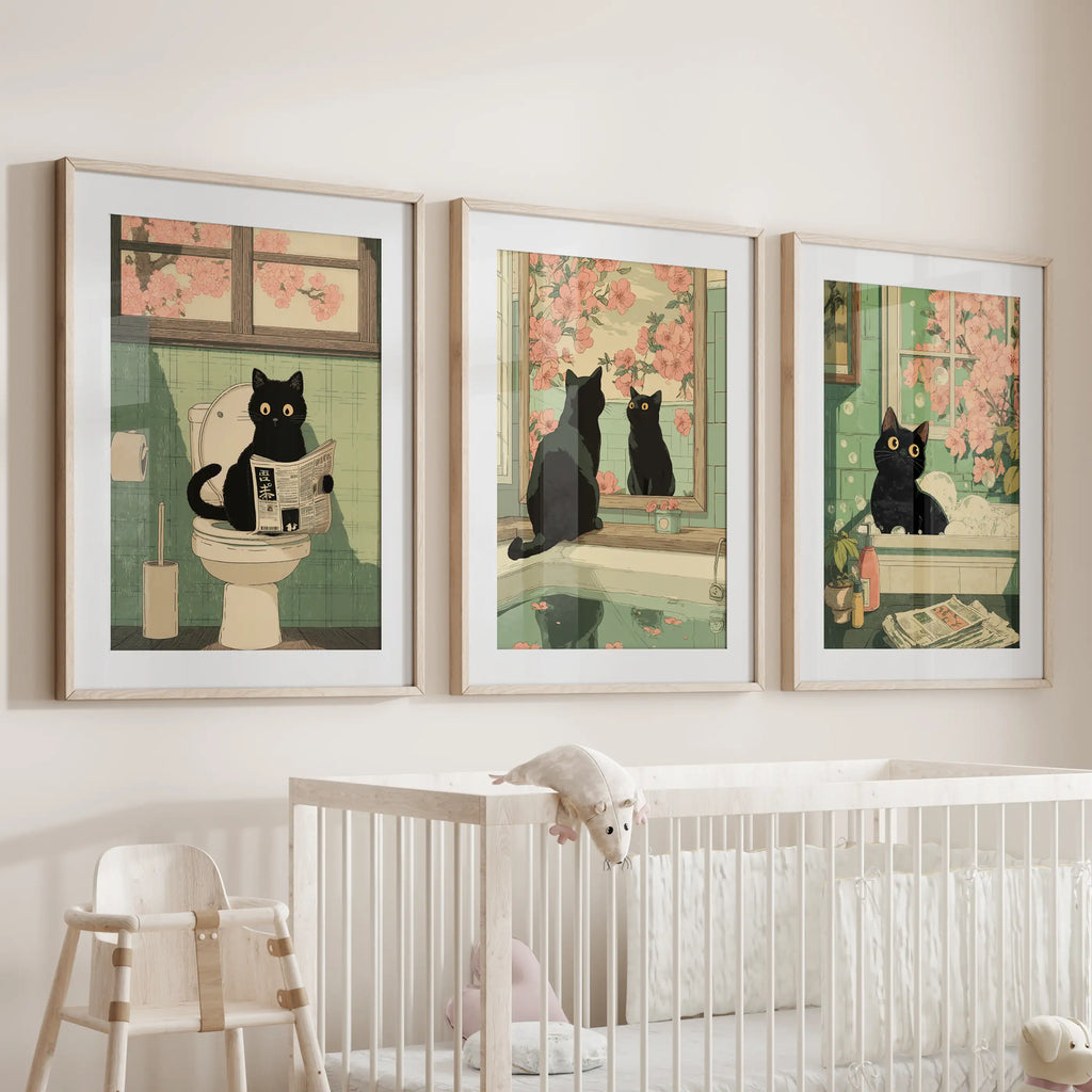Funny Bathroom Poster. Japan Cat Pooping Wall Art Set of 3