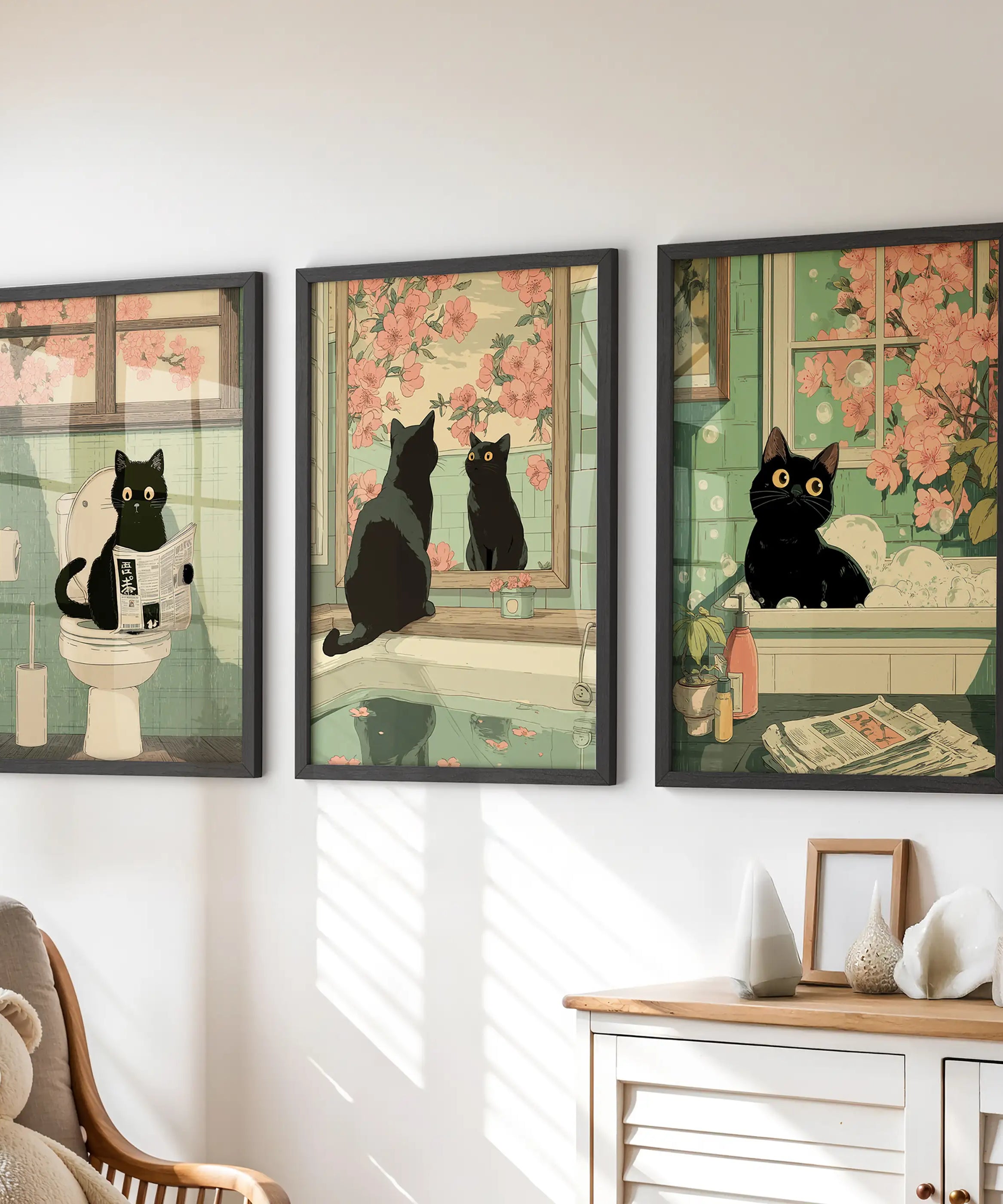 Funny Bathroom Poster. Japan Cat Pooping Wall Art Set of 3