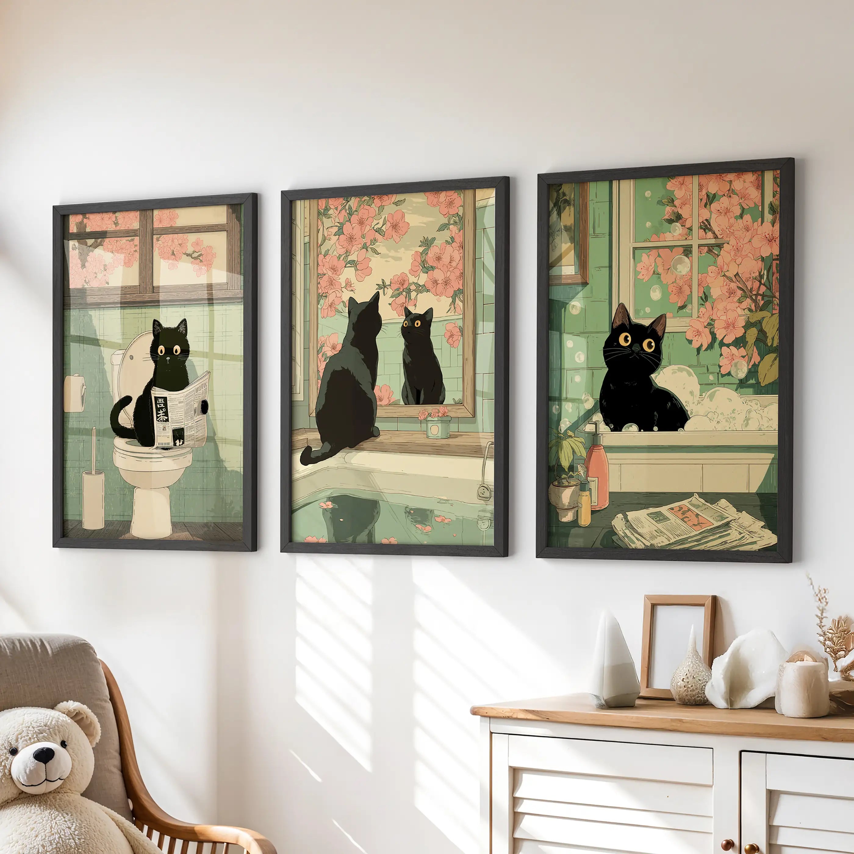 Funny Bathroom Poster. Japan Cat Pooping Wall Art Set of 3