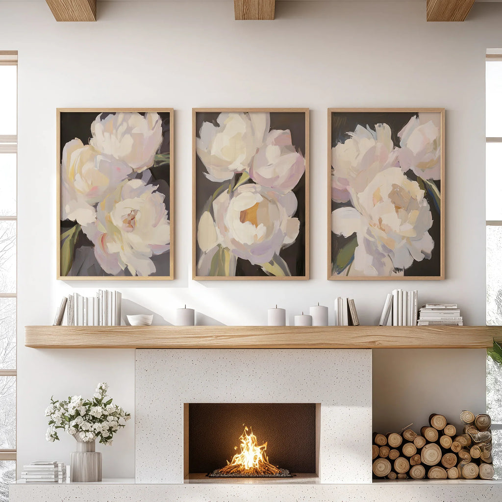 Moody Pink and White Peonies Art. Floral Set of 3 Prints