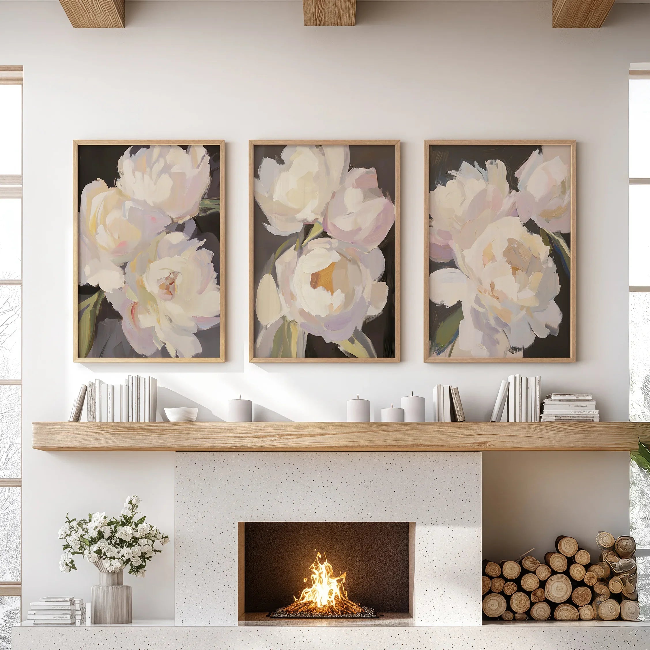 Moody Pink and White Peonies Art. Floral Set of 3 Prints