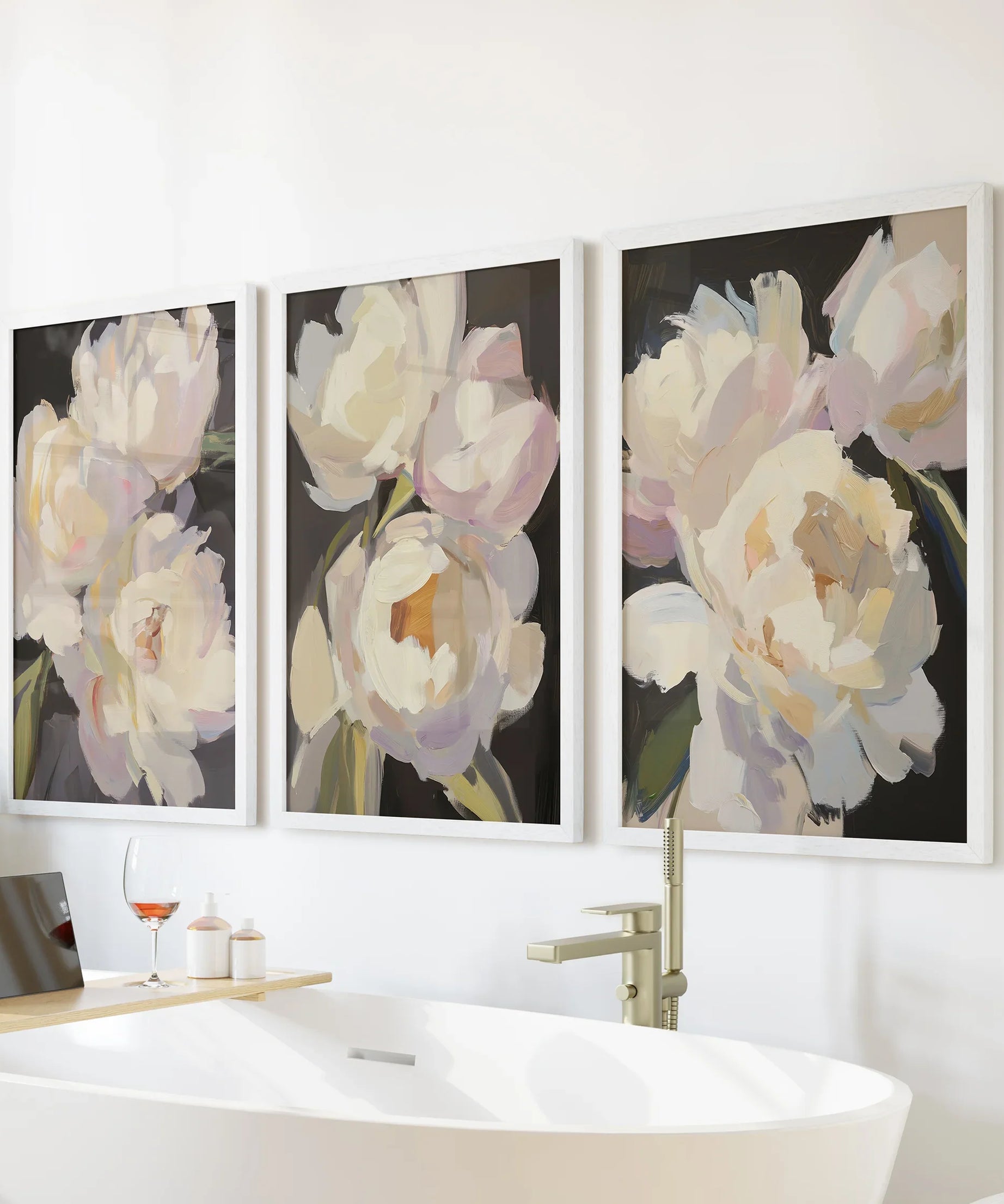 Moody Pink and White Peonies Art. Floral Set of 3 Prints