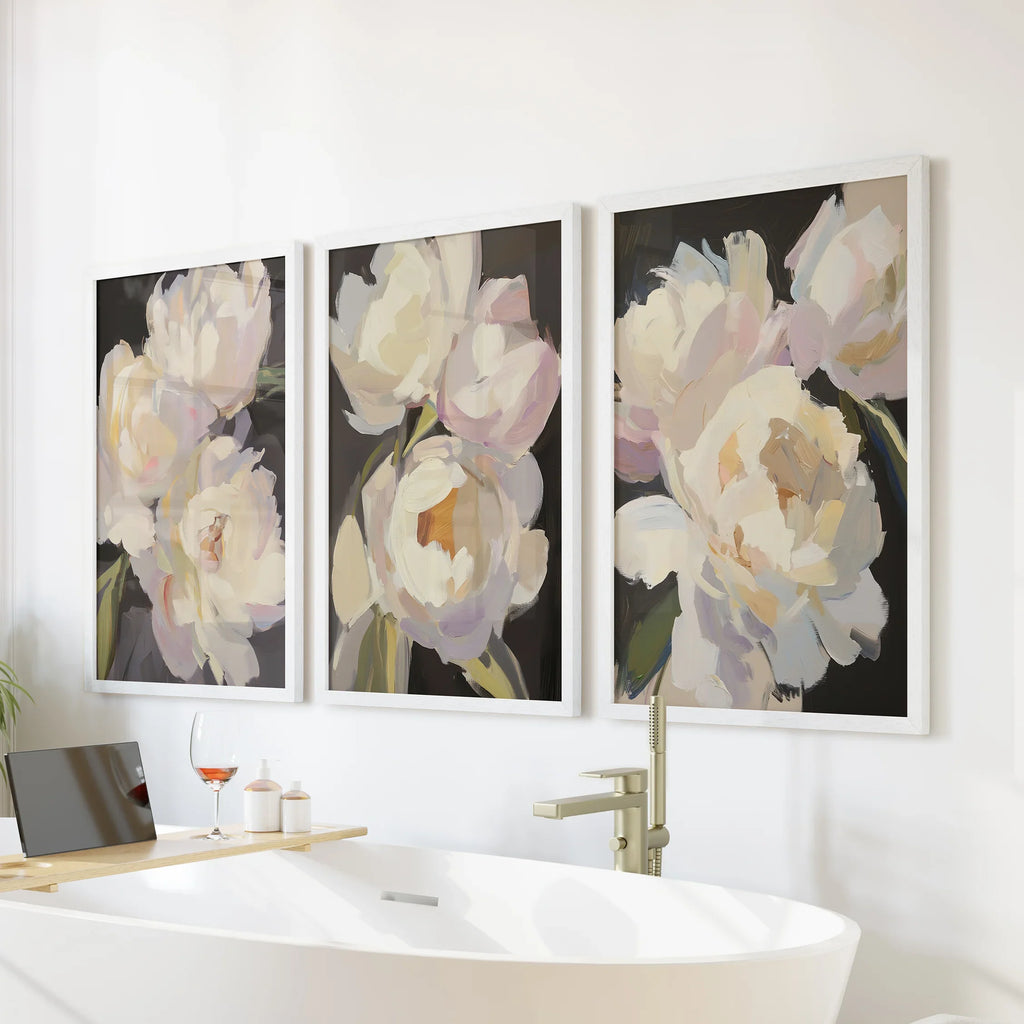 Moody Pink and White Peonies Art. Floral Set of 3 Prints
